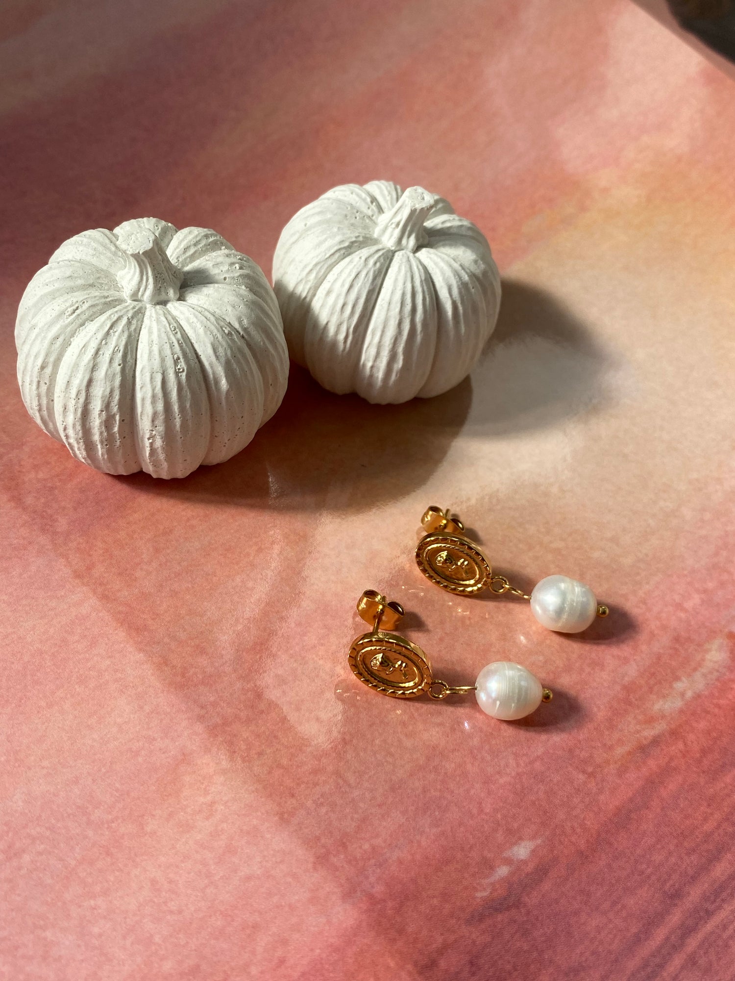 Rose Embossed Freshwater Pearl Earrings for Women, Pendant Coin Design Flower Pearl Earrings, 18K Gold Tiny Coin Pearl Stud Earrings