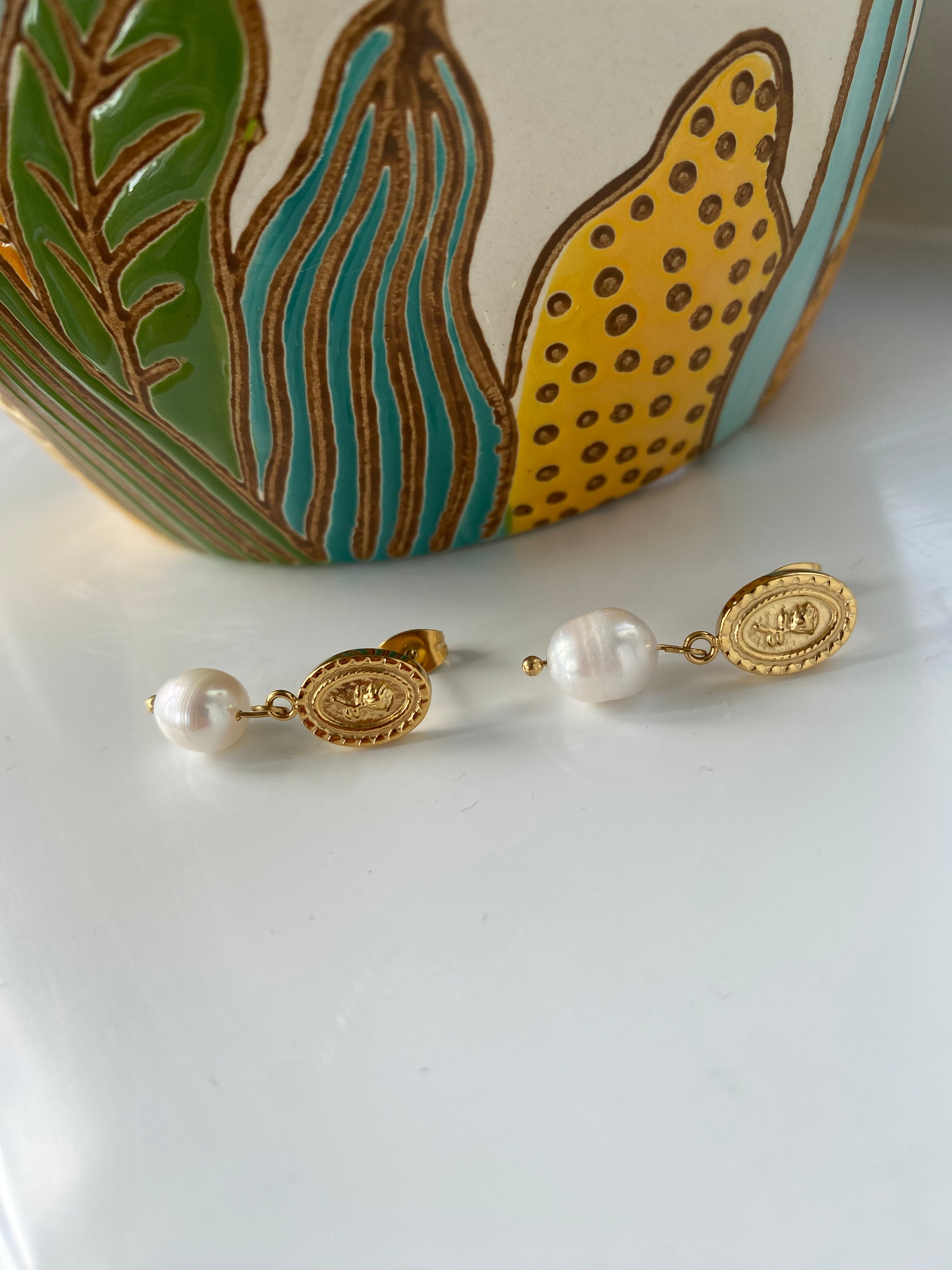 Rose Embossed Freshwater Pearl Earrings for Women, Pendant Coin Design Flower Pearl Earrings, 18K Gold Tiny Coin Pearl Stud Earrings