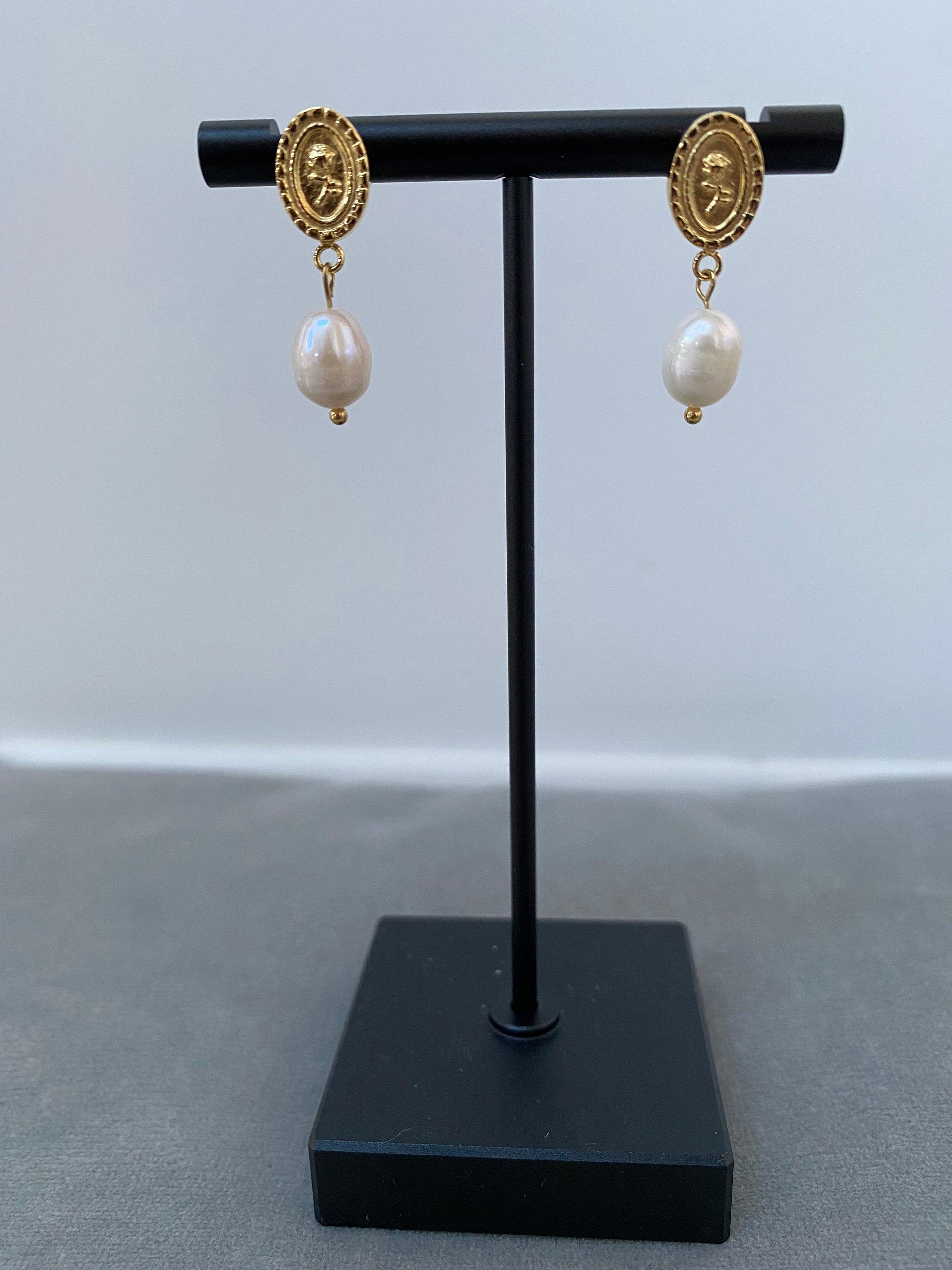 Tiny Coin Design Rose Embossed Freshwater Pearl Earrings for Women, Pendant Coin Design Flower Pearl Earrings, 18K Gold
