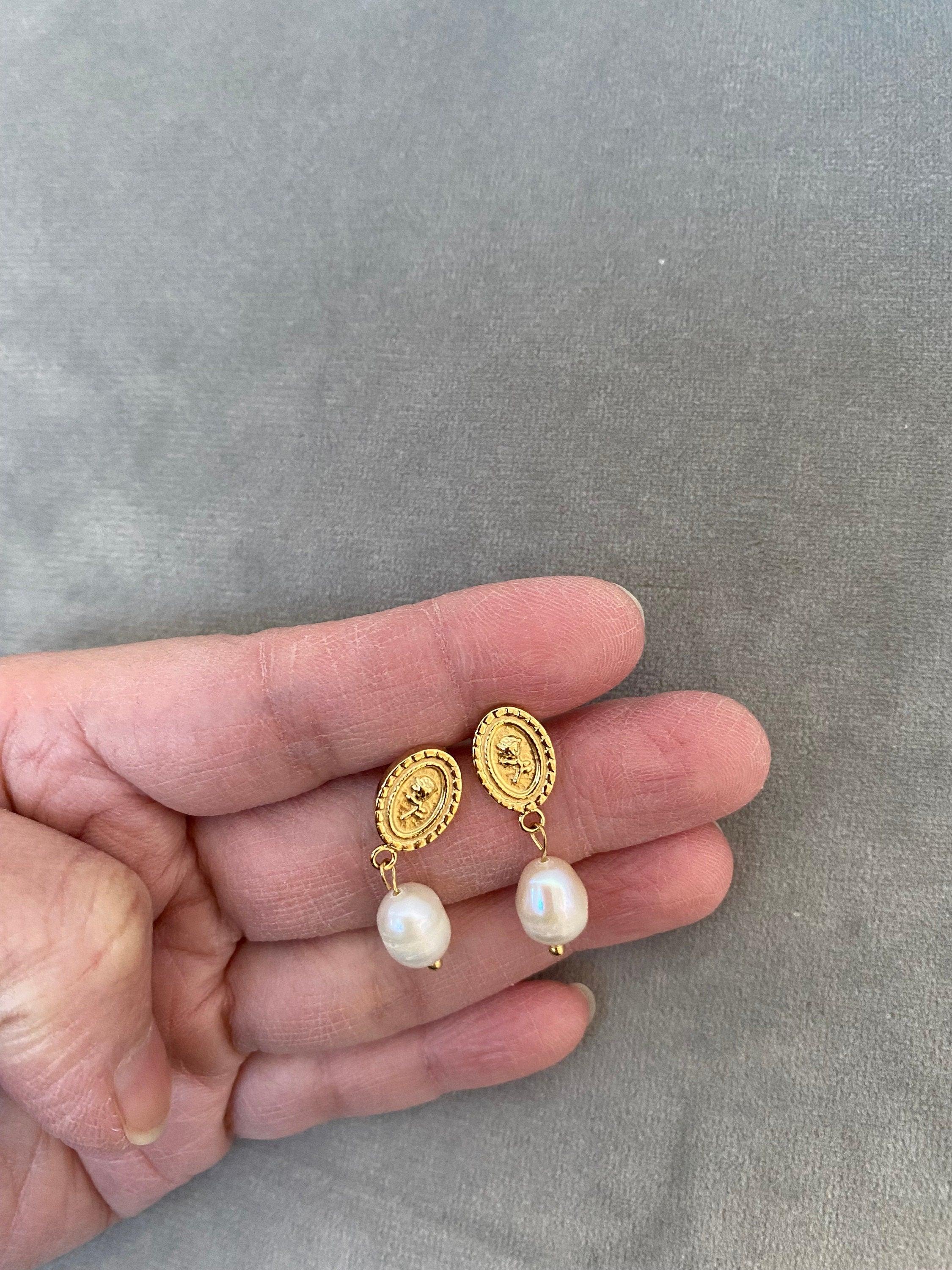 Tiny Coin Design Rose Embossed Freshwater Pearl Earrings for Women, Pendant Coin Design Flower Pearl Earrings, 18K Gold