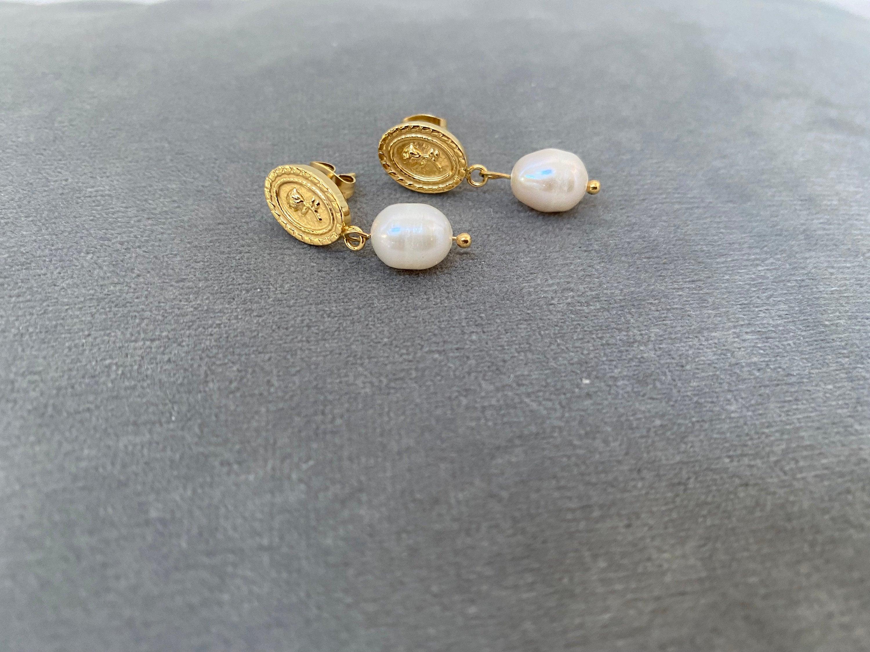 Tiny Coin Design Rose Embossed Freshwater Pearl Earrings for Women, Pendant Coin Design Flower Pearl Earrings, 18K Gold
