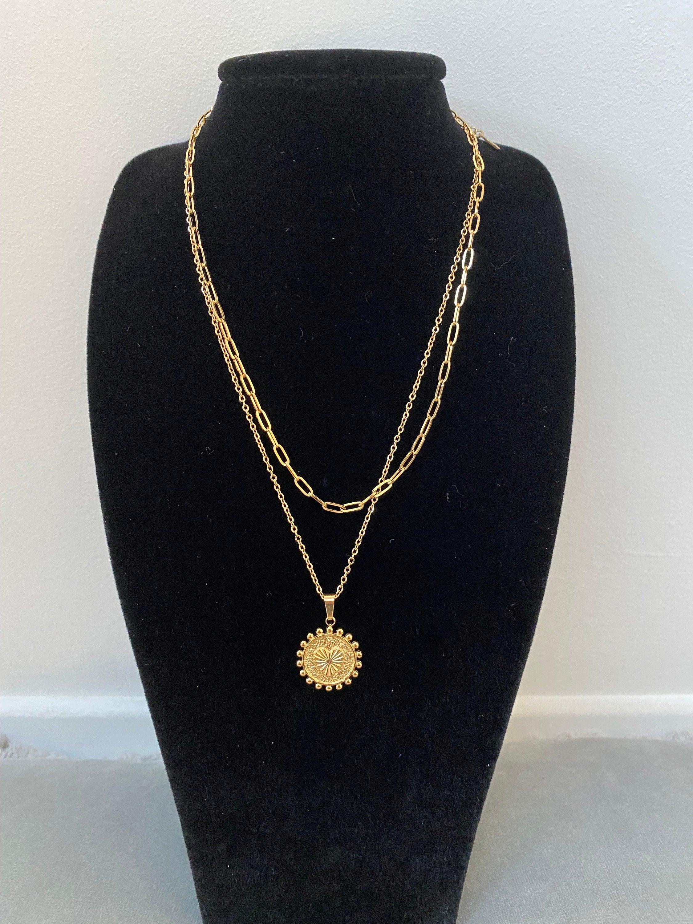 Two Layered Symbol A Coin Necklace for Her , Gold Initial A Coin Pendant Necklace, Letter A initial Coin Shape Necklace, 18K gold,
