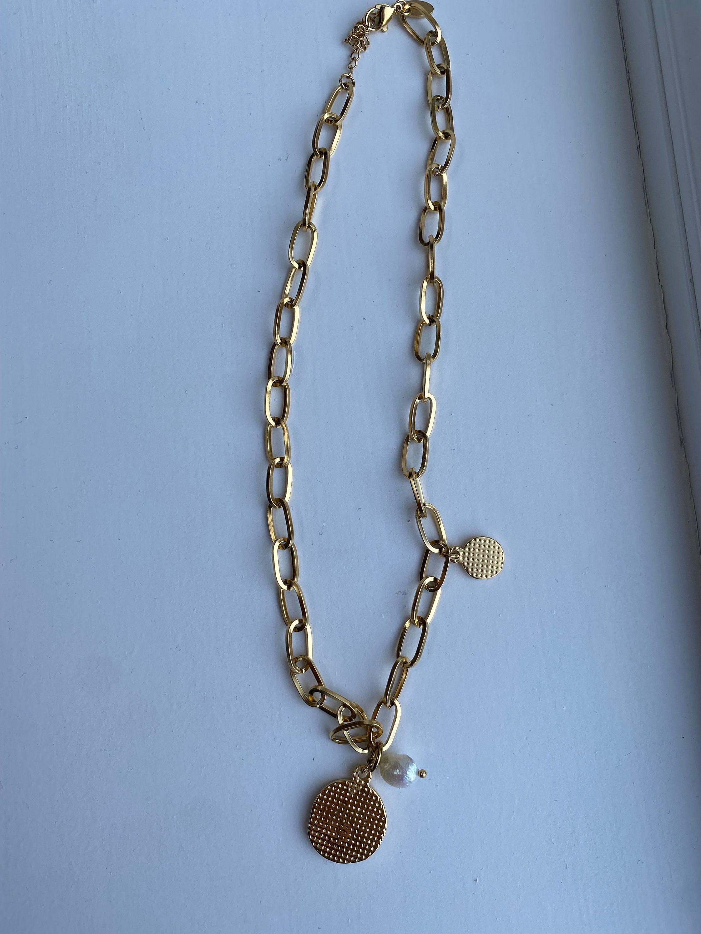 Freshwater Pearl Thick Layer Coin Statement Necklace for Her, Wide Link Chain Pendant Necklace, Modern Greek Coin Pearl Necklace for Women