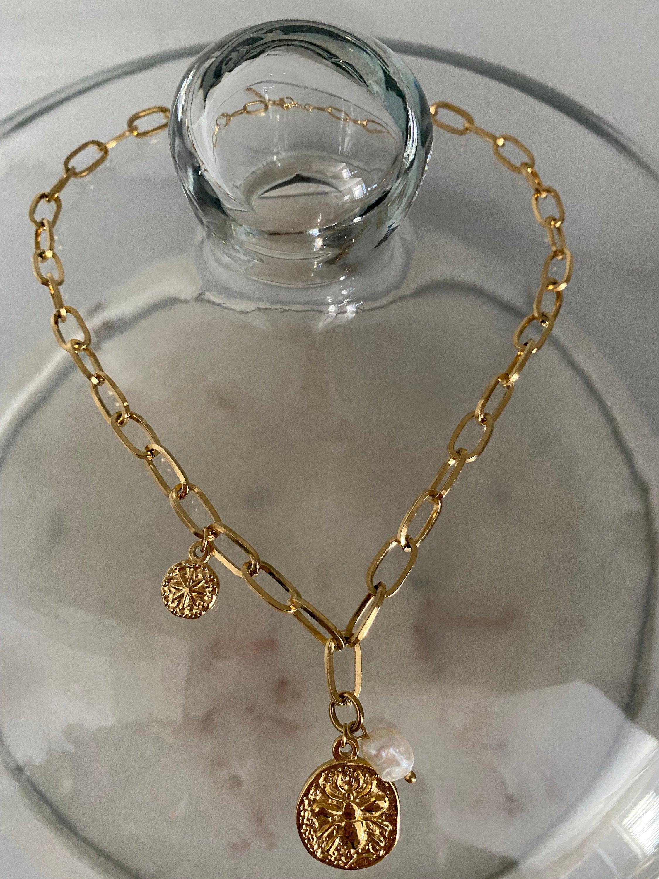 Freshwater Pearl Thick Layer Coin Statement Necklace for Her, Wide Link Chain Pendant Necklace, Modern Greek Coin Pearl Necklace for Women