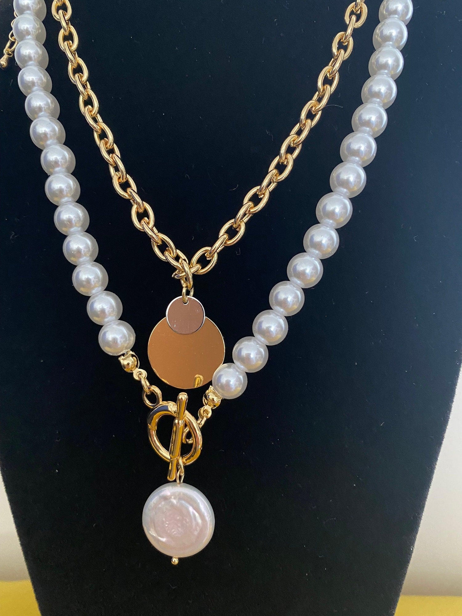 Double Layered Baroque Pearl Necklace with 18k Gold Coin Pendant