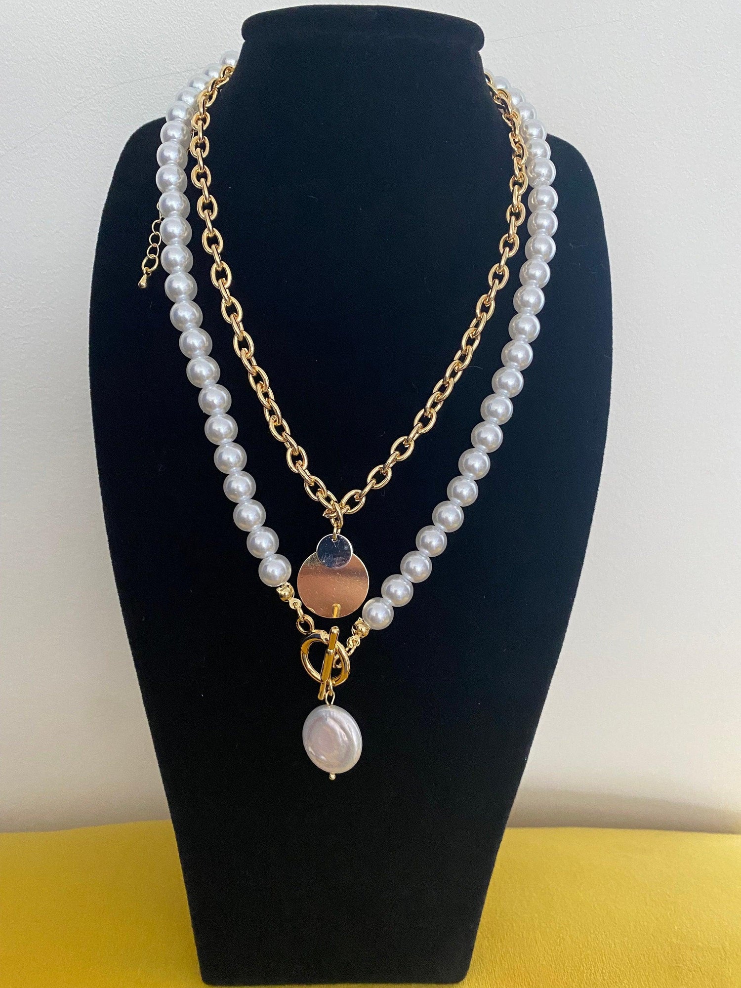 Double Layered Baroque Pearl Necklace with 18k Gold Coin Pendant