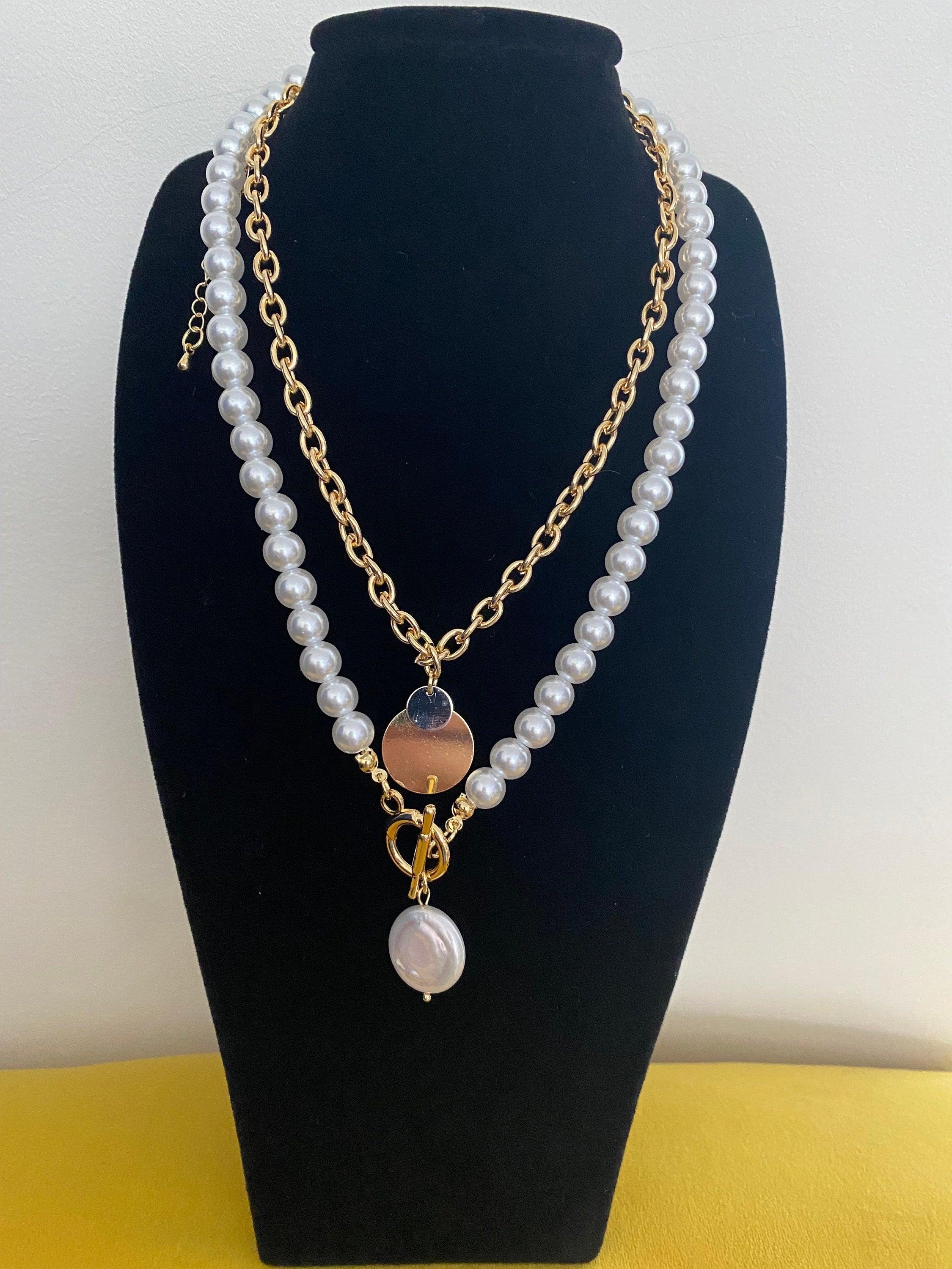 Double Layered Baroque Pearl Necklace with 18k Gold Coin Pendant