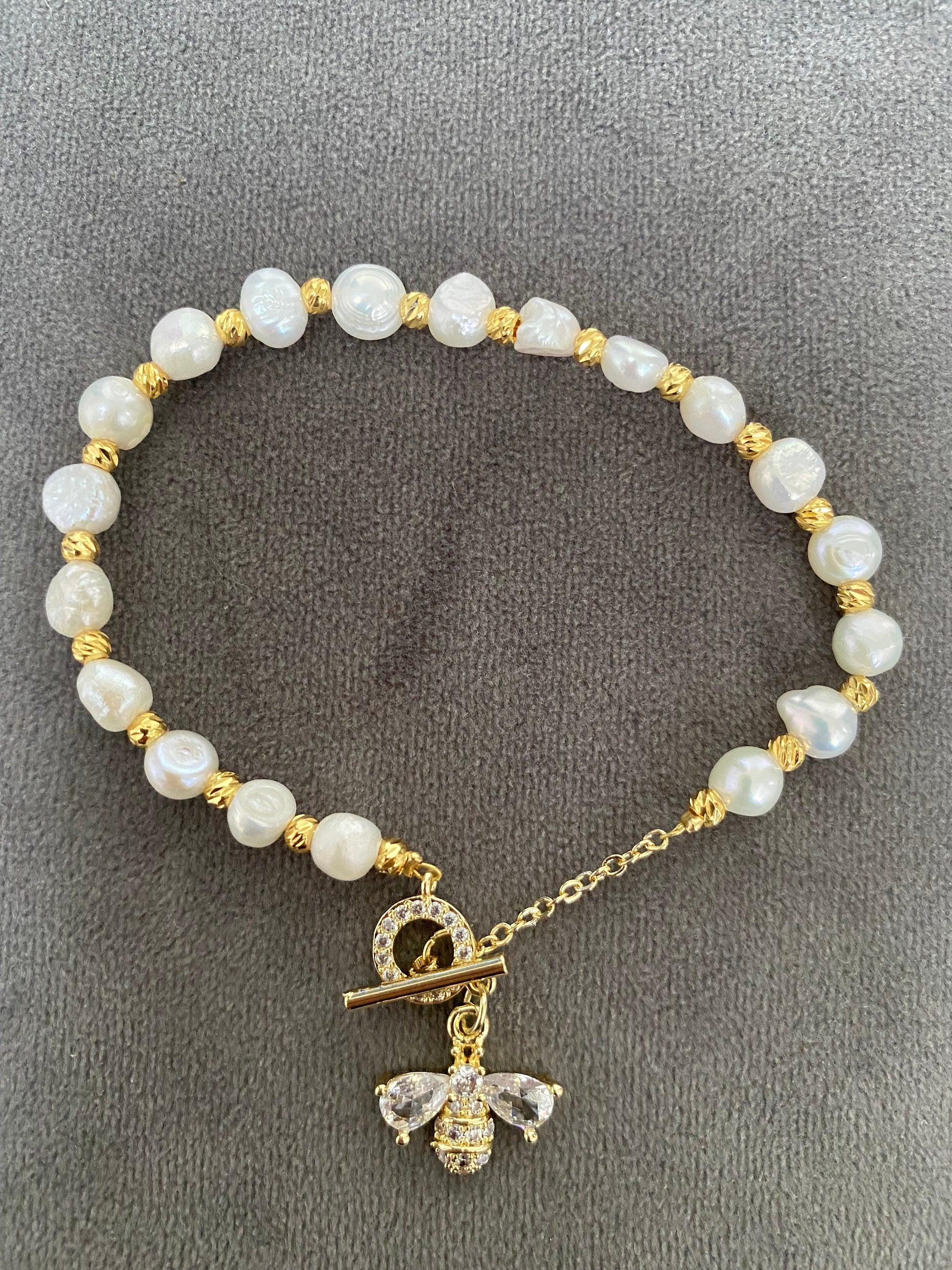 Bright Glitter Bee Bracelet, Zircon Bee Bracelet for Women, Freshwater Pearl Bracelet, Fun & Cute