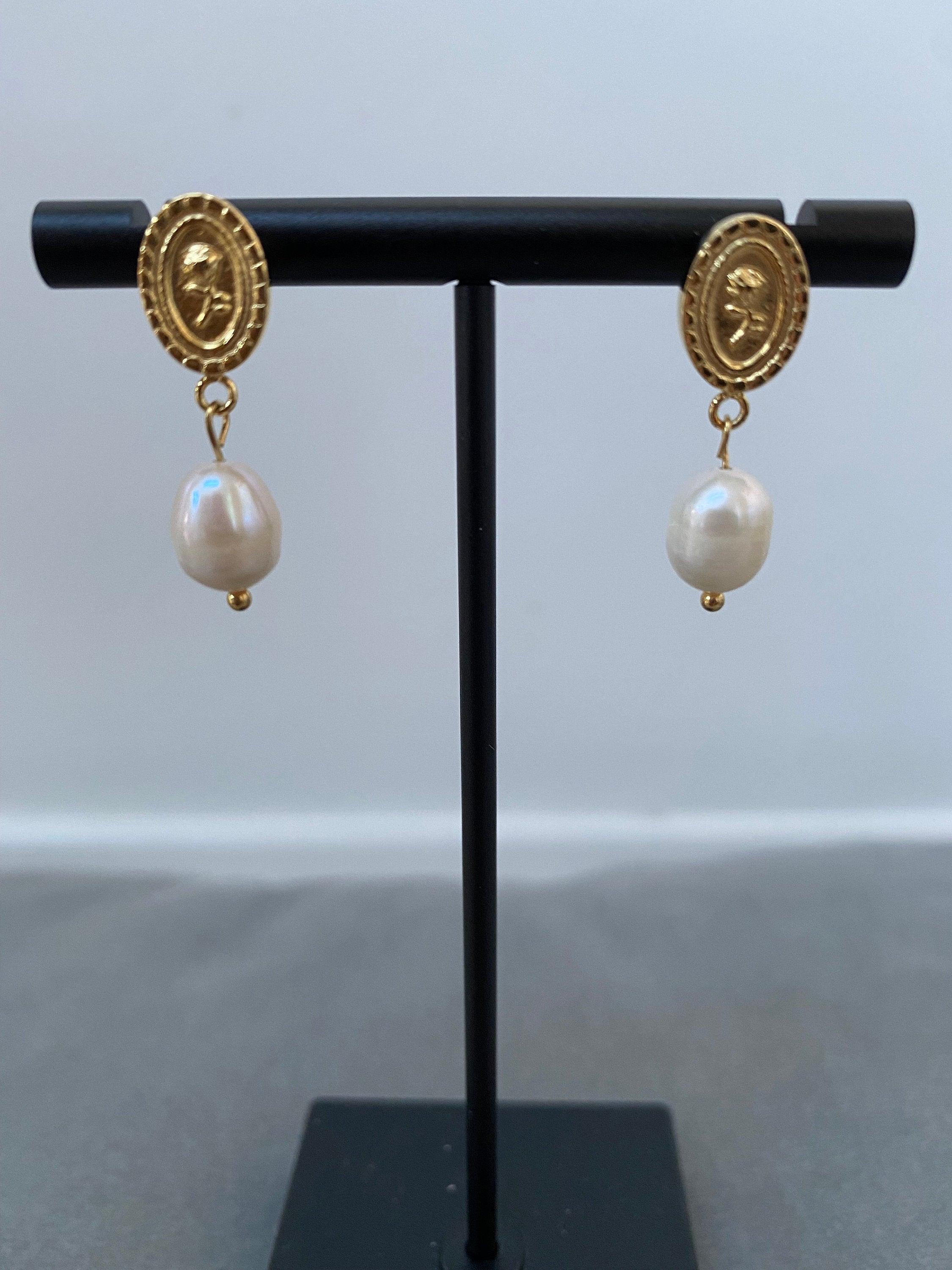 Tiny Coin Design Rose Embossed Freshwater Pearl Earrings for Women, Pendant Coin Design Flower Pearl Earrings, 18K Gold