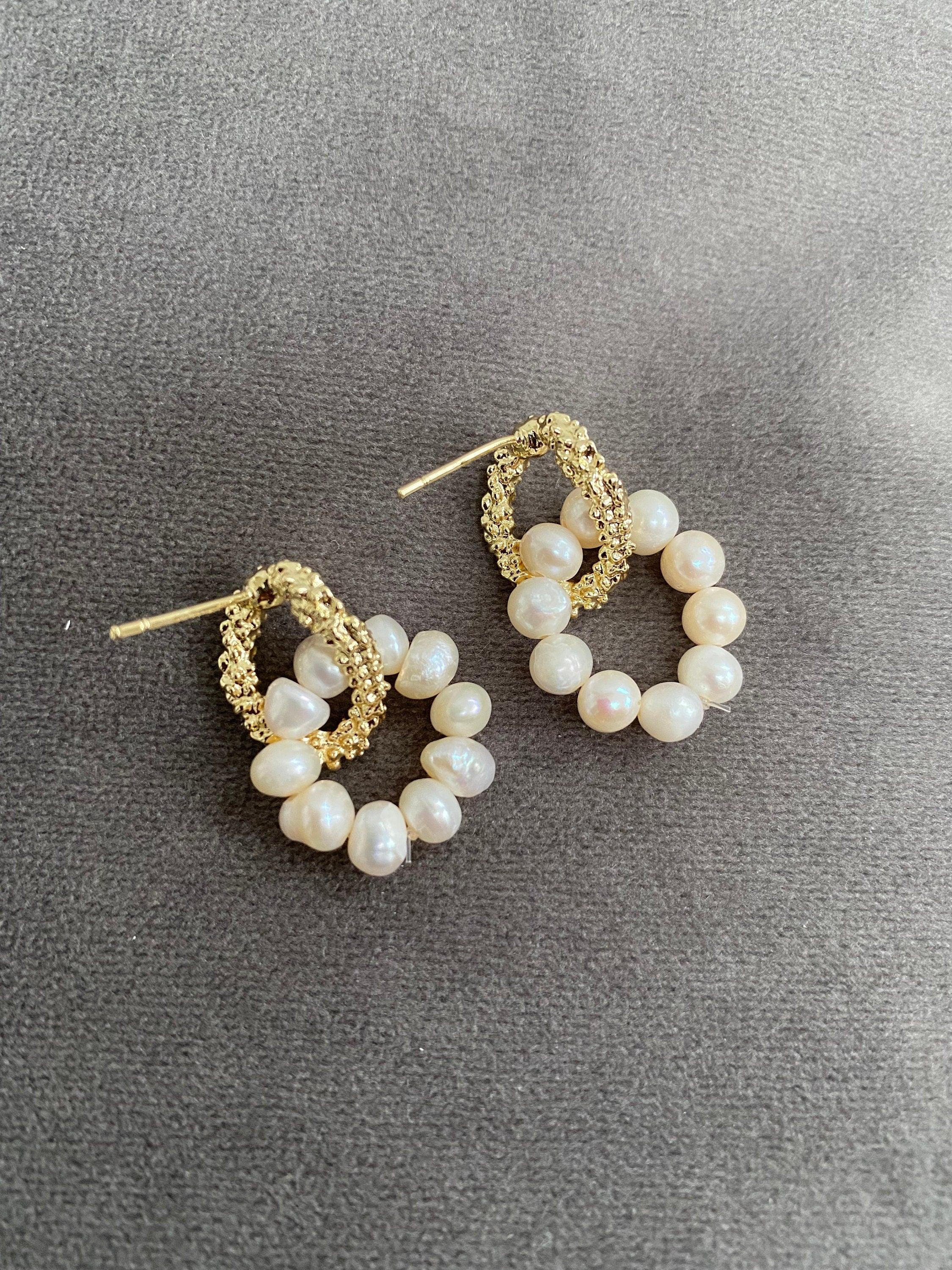 Charming 18K Gold Mini Pearl Hoop Dangle Earrings for Women
