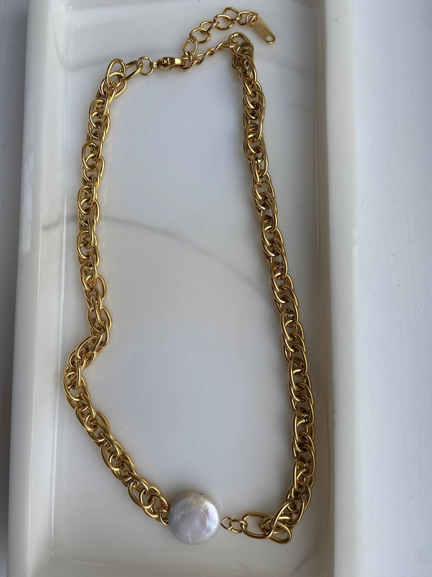 18k Gold Natural Pearl Coin Pendant Necklace, Vintage Style Choker, Gift for Her