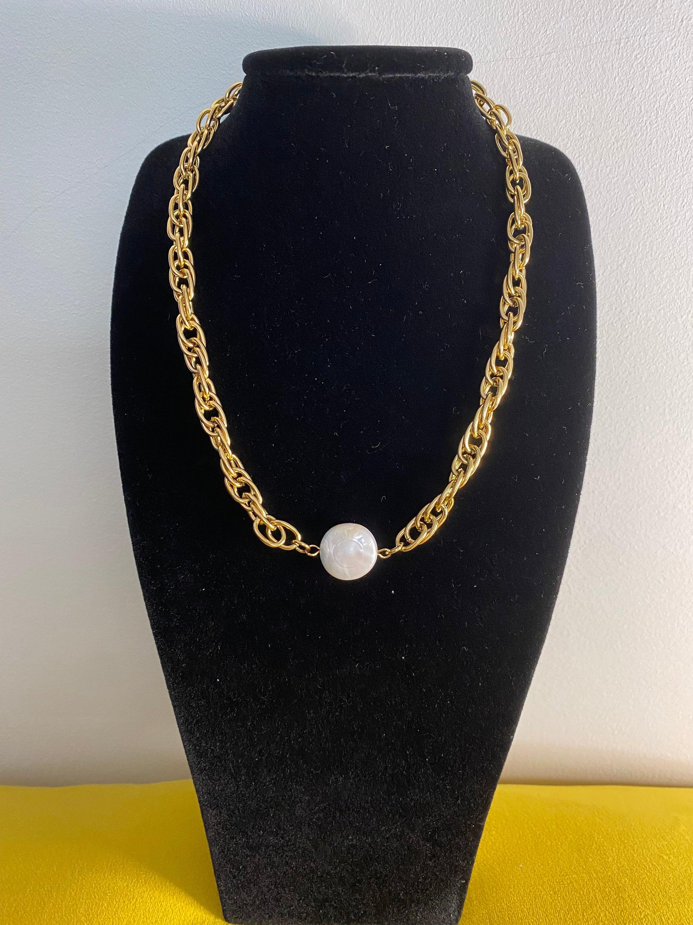 18k Gold Natural Pearl Coin Pendant Necklace, Vintage Style Choker, Gift for Her