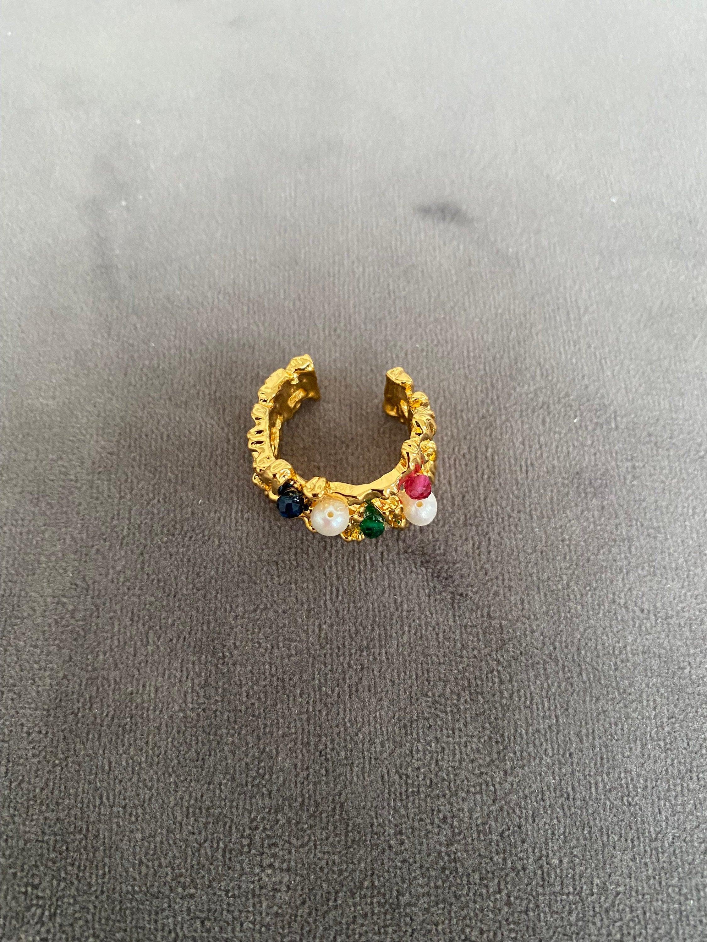 18k Gold Hammered Zircon Stone & Freshwater Pearl Cocktail Ring for Women