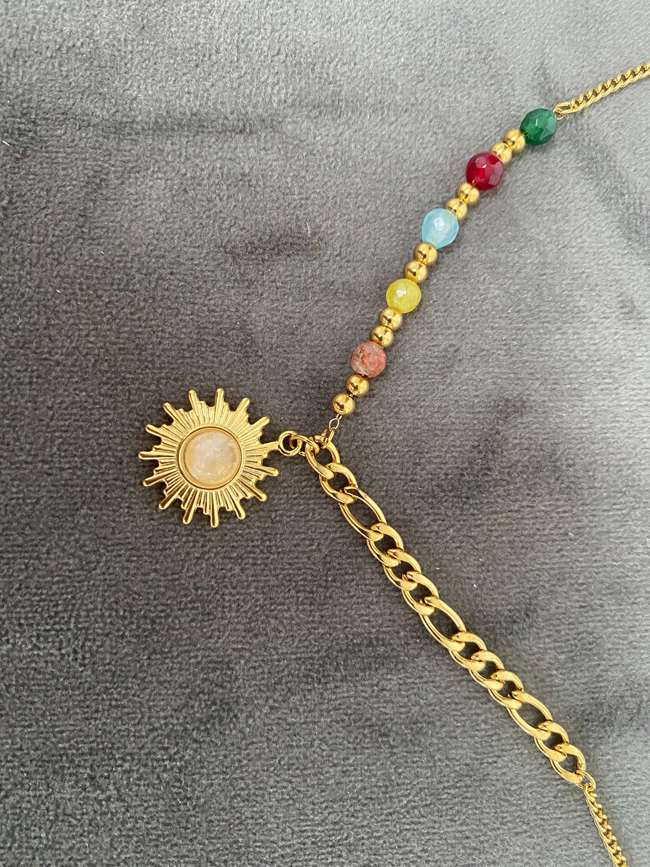 Figaro Chain Opal Stone Beads Sun Necklace, Colourful Mini Nugget Gemstone Sun Necklace for Women, 18K Gold Opal Sun Necklace