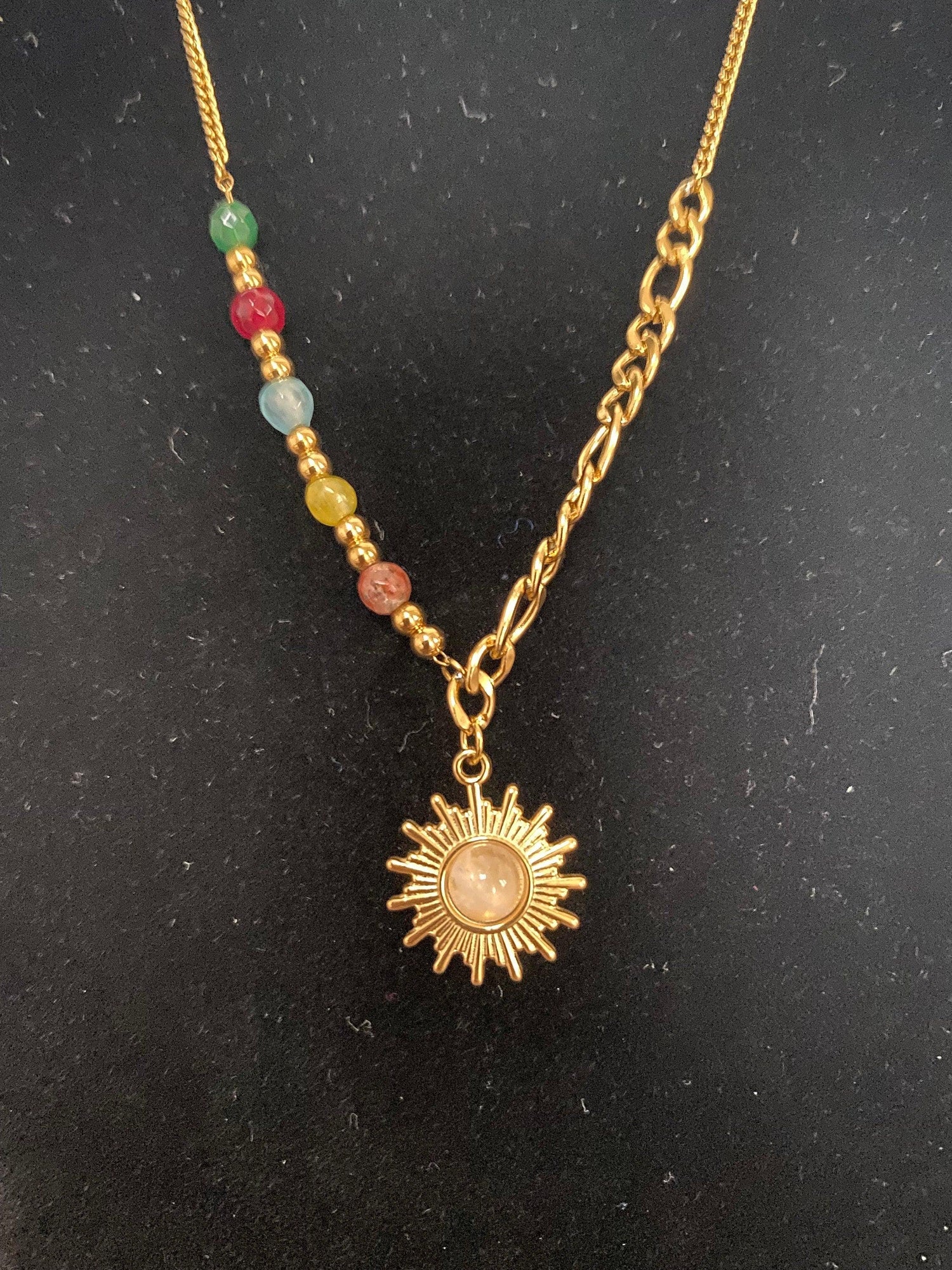 Figaro Chain Opal Stone Beads Sun Necklace, Colourful Mini Nugget Gemstone Sun Necklace for Women, 18K Gold Opal Sun Necklace