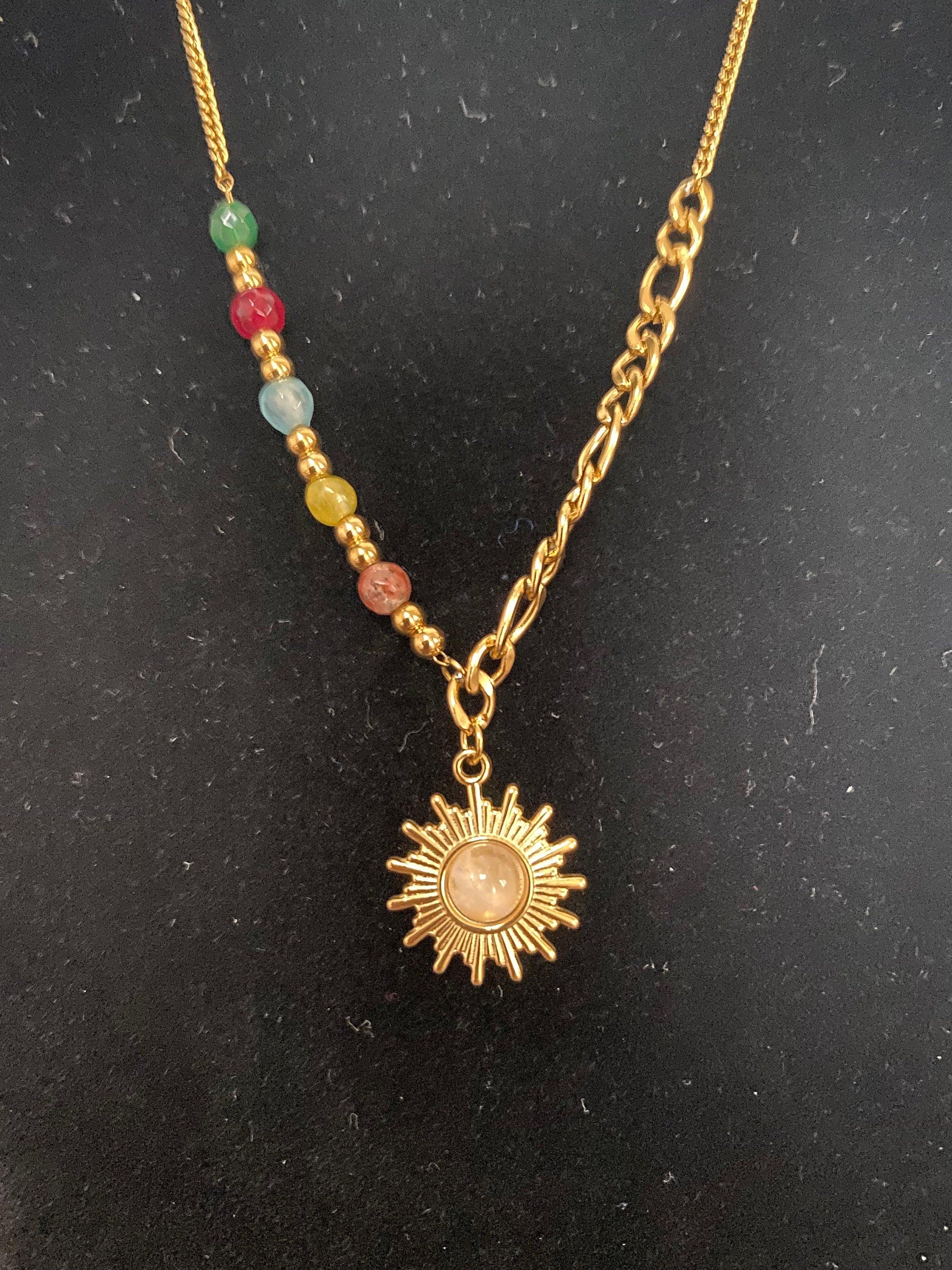 Figaro Chain Opal Stone Beads Sun Necklace, Colourful Mini Nugget Gemstone Sun Necklace for Women, 18K Gold Opal Sun Necklace