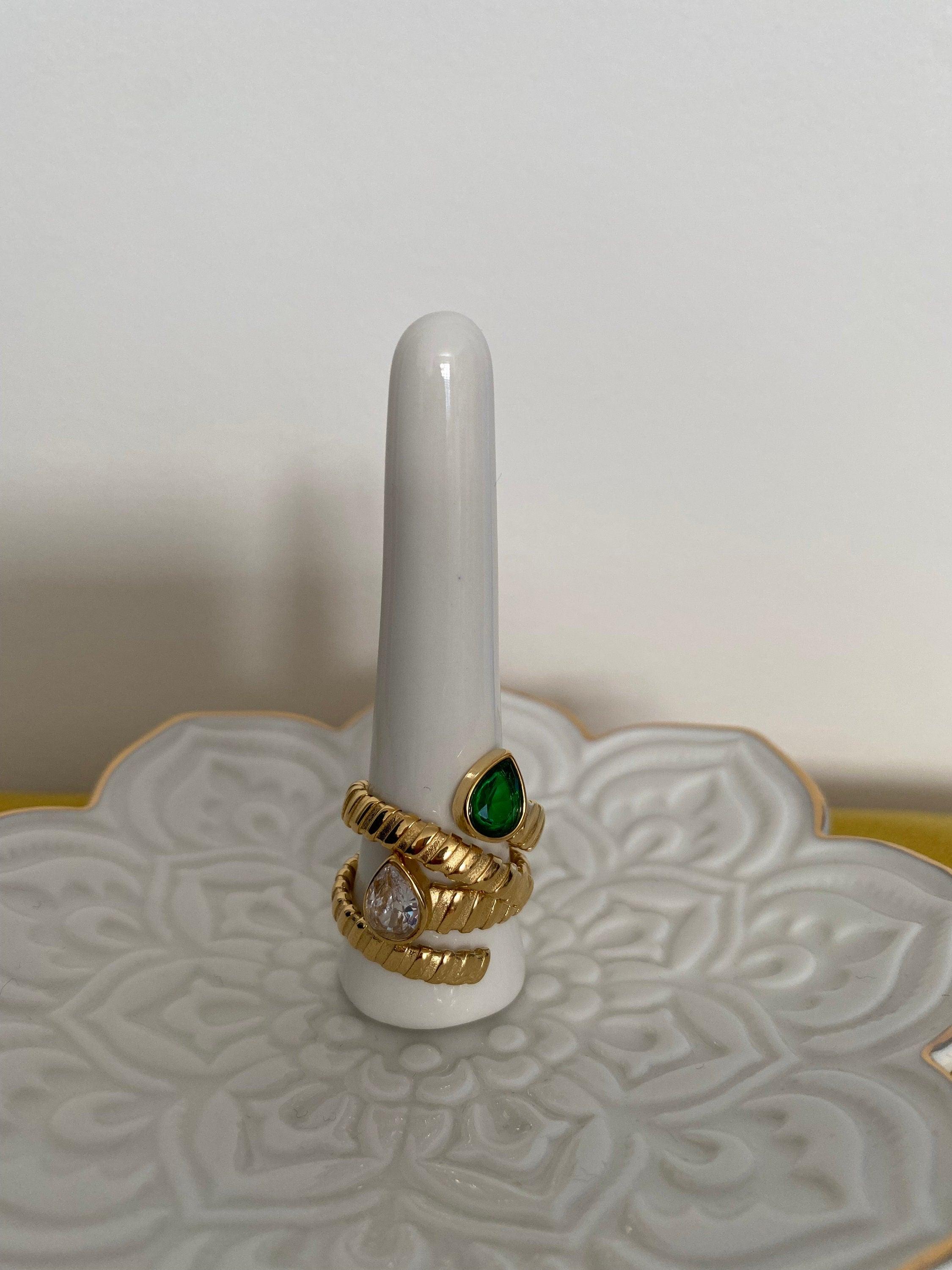 Small Tiny Teardrop Green Zircon Rings for Women, Cubic Adjusted Statement layer Rings, Spiral Twisted White Zircon Open Rings, 18K Gold