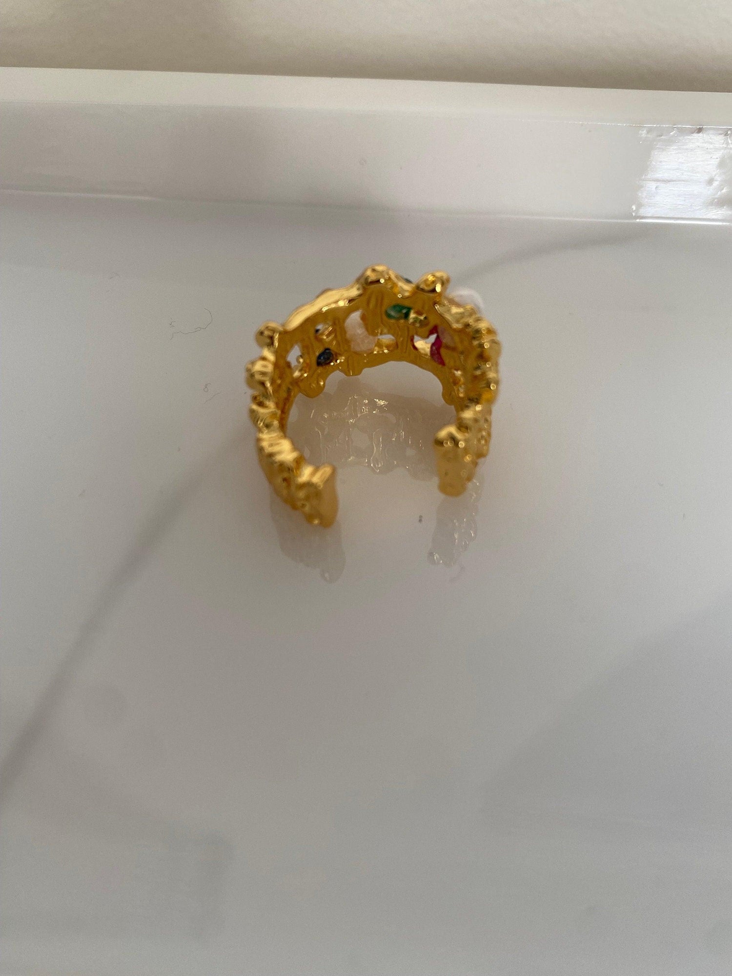 18k Gold Hammered Zircon Stone & Freshwater Pearl Cocktail Ring for Women