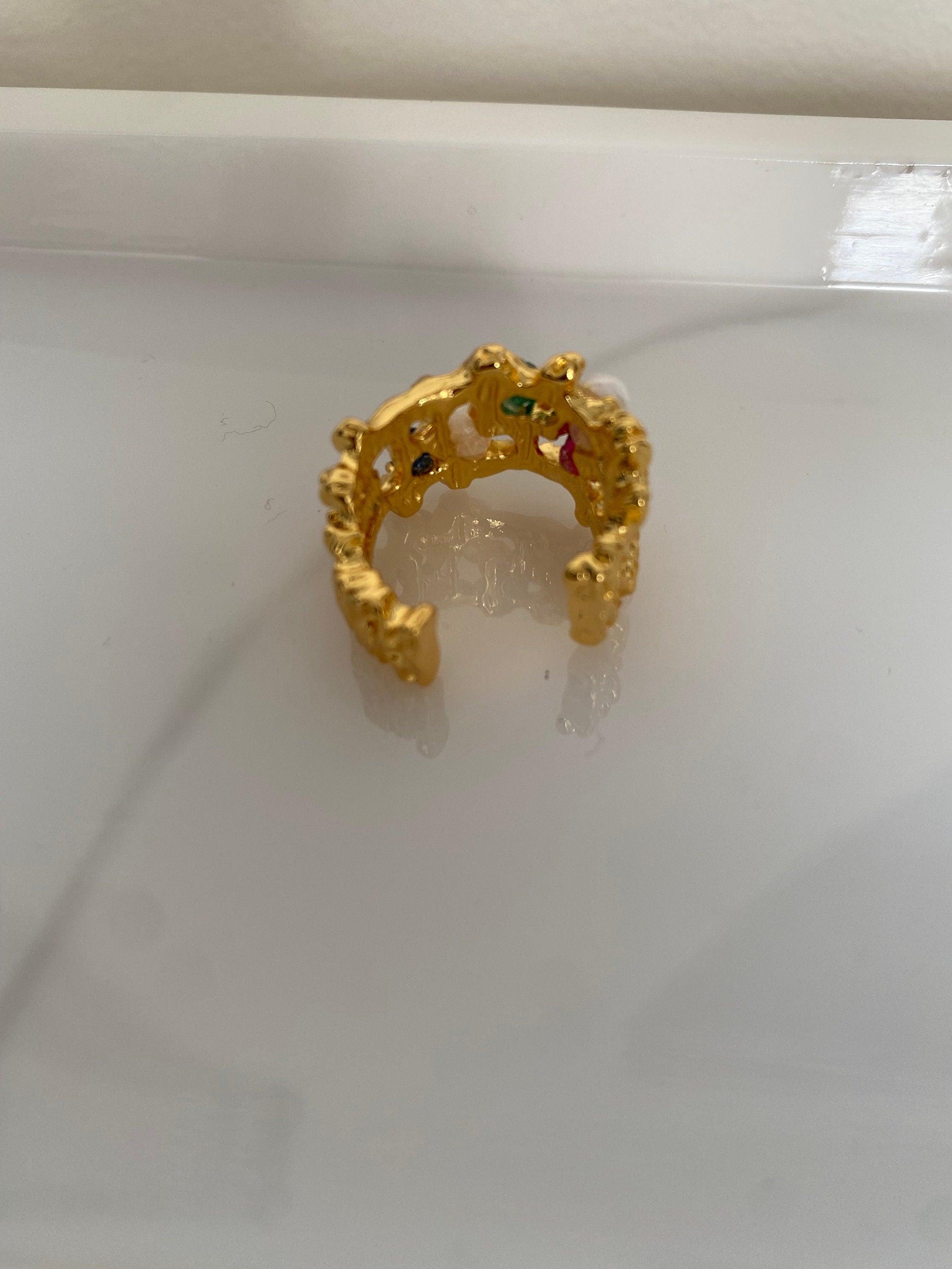 18k Gold Hammered Zircon Stone & Freshwater Pearl Cocktail Ring for Women