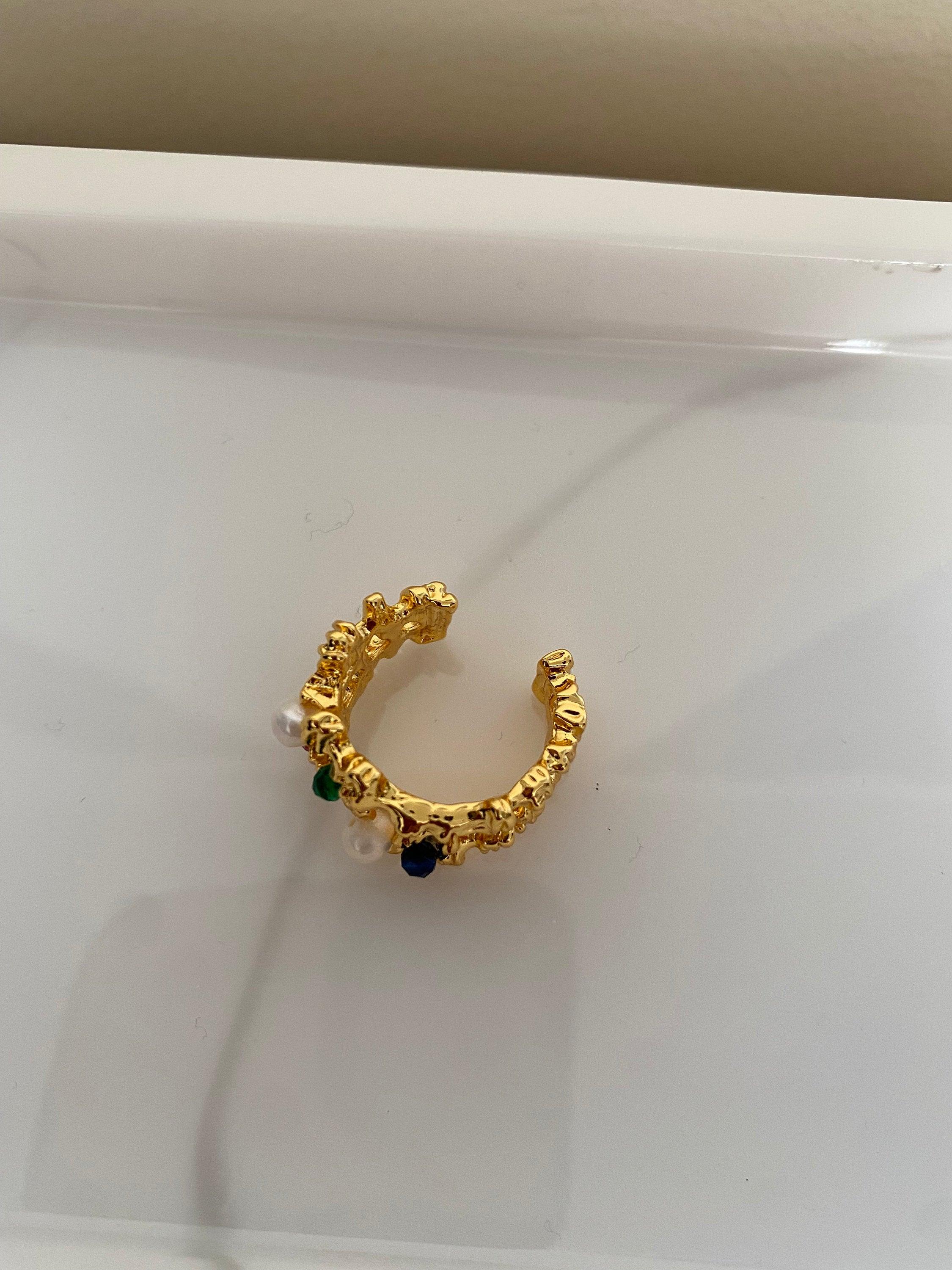 18k Gold Hammered Zircon Stone & Freshwater Pearl Cocktail Ring for Women