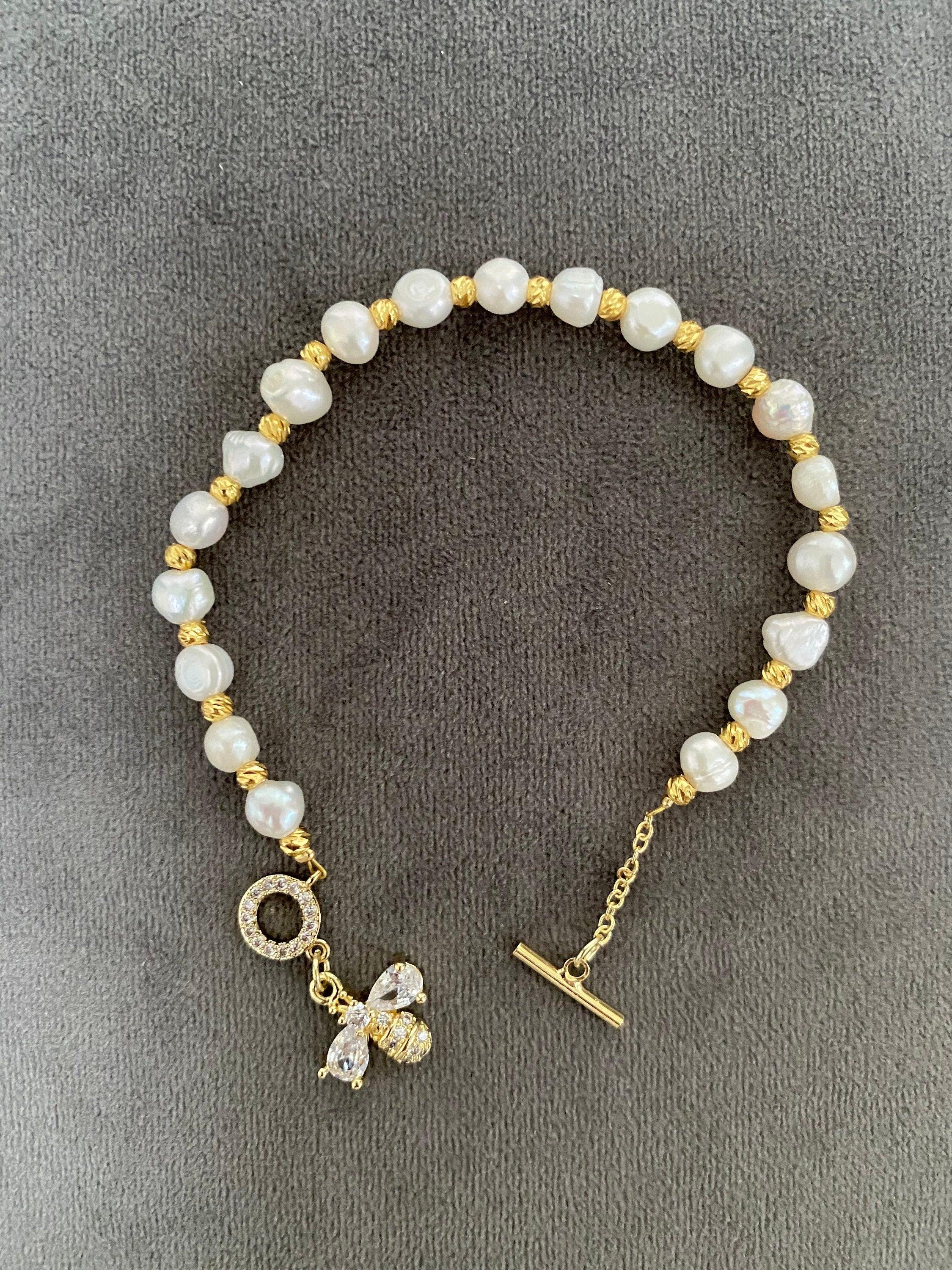 Bright Glitter Bee Bracelet, Zircon Bee Bracelet for Women, Freshwater Pearl Bracelet, Fun & Cute
