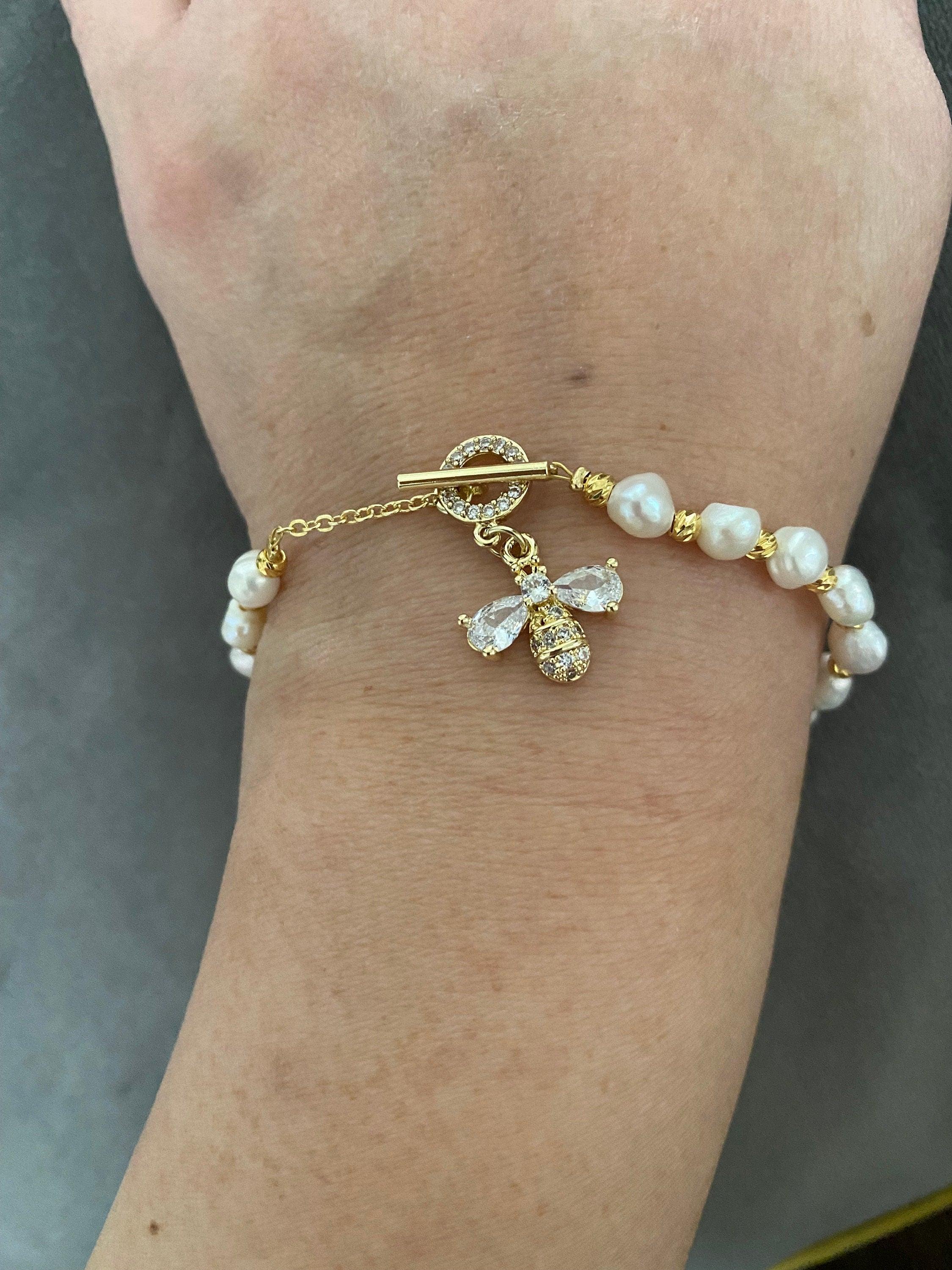 Bright Glitter Bee Bracelet, Zircon Bee Bracelet for Women, Freshwater Pearl Bracelet, Fun & Cute