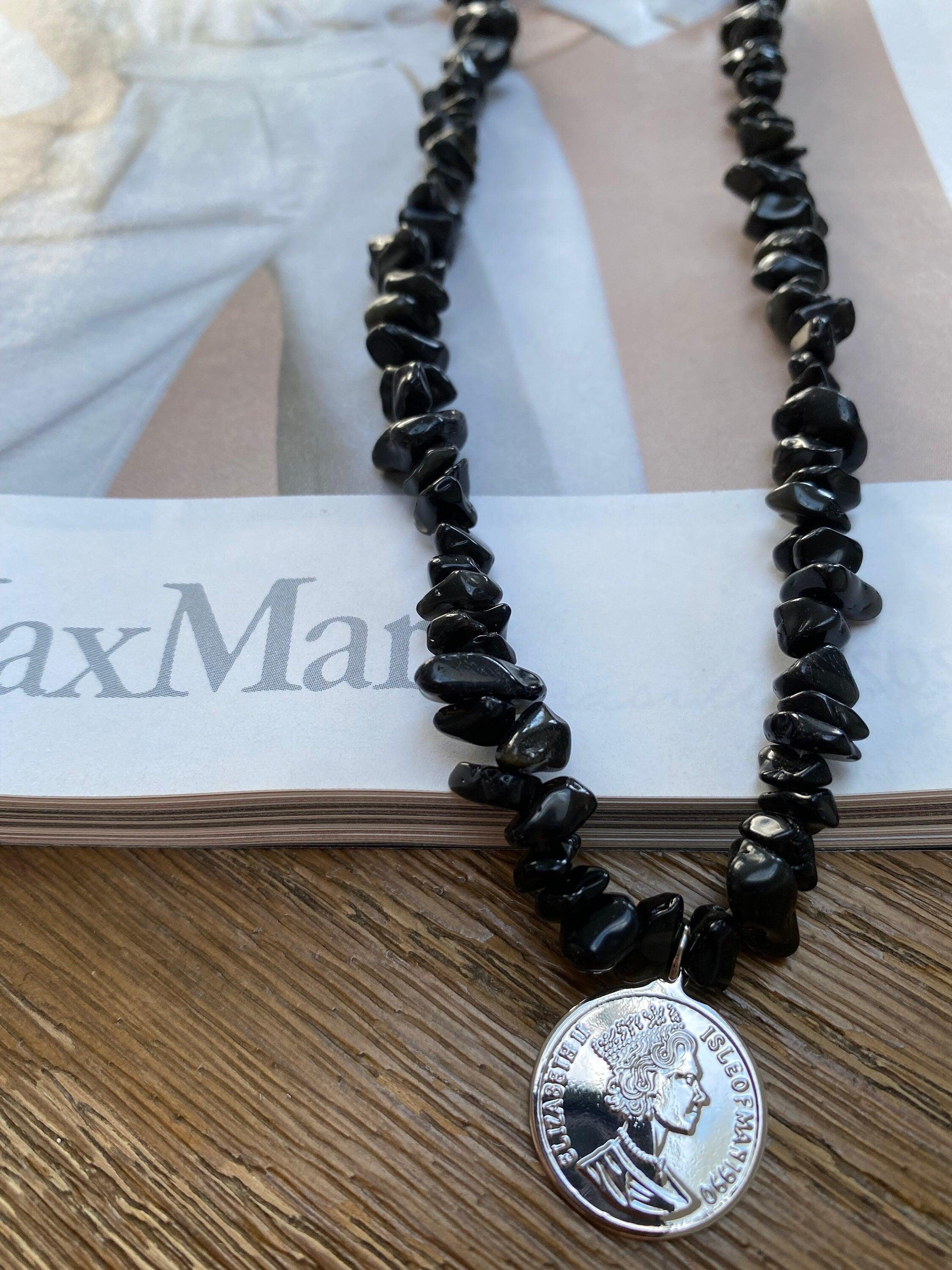Black Agate Queen Portrait Silver Coin Pendant Necklace for Her - Summer Beach Jewellery