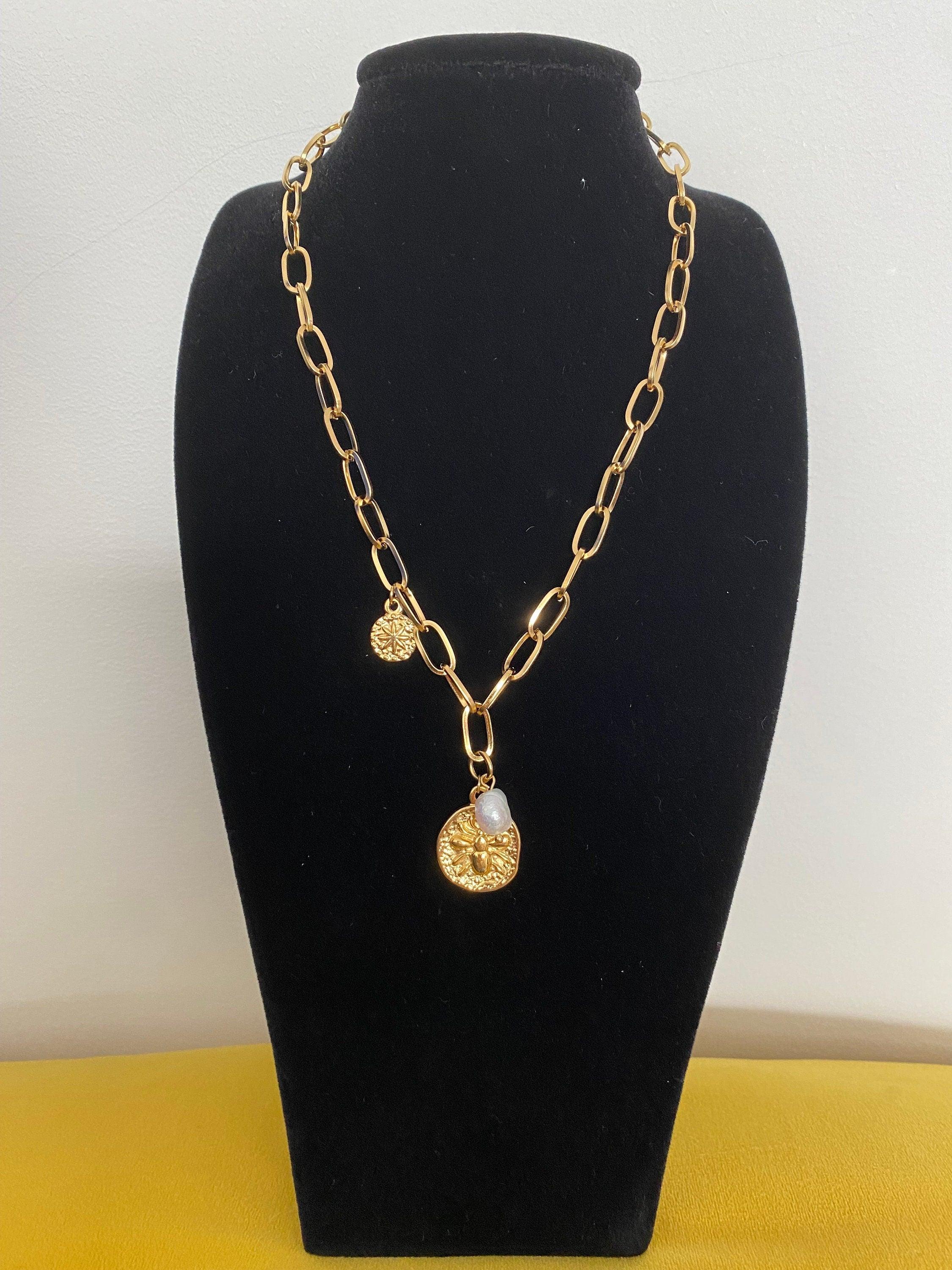 Freshwater Pearl Thick Layer Coin Statement Necklace for Her, Wide Link Chain Pendant Necklace, Modern Greek Coin Pearl Necklace for Women