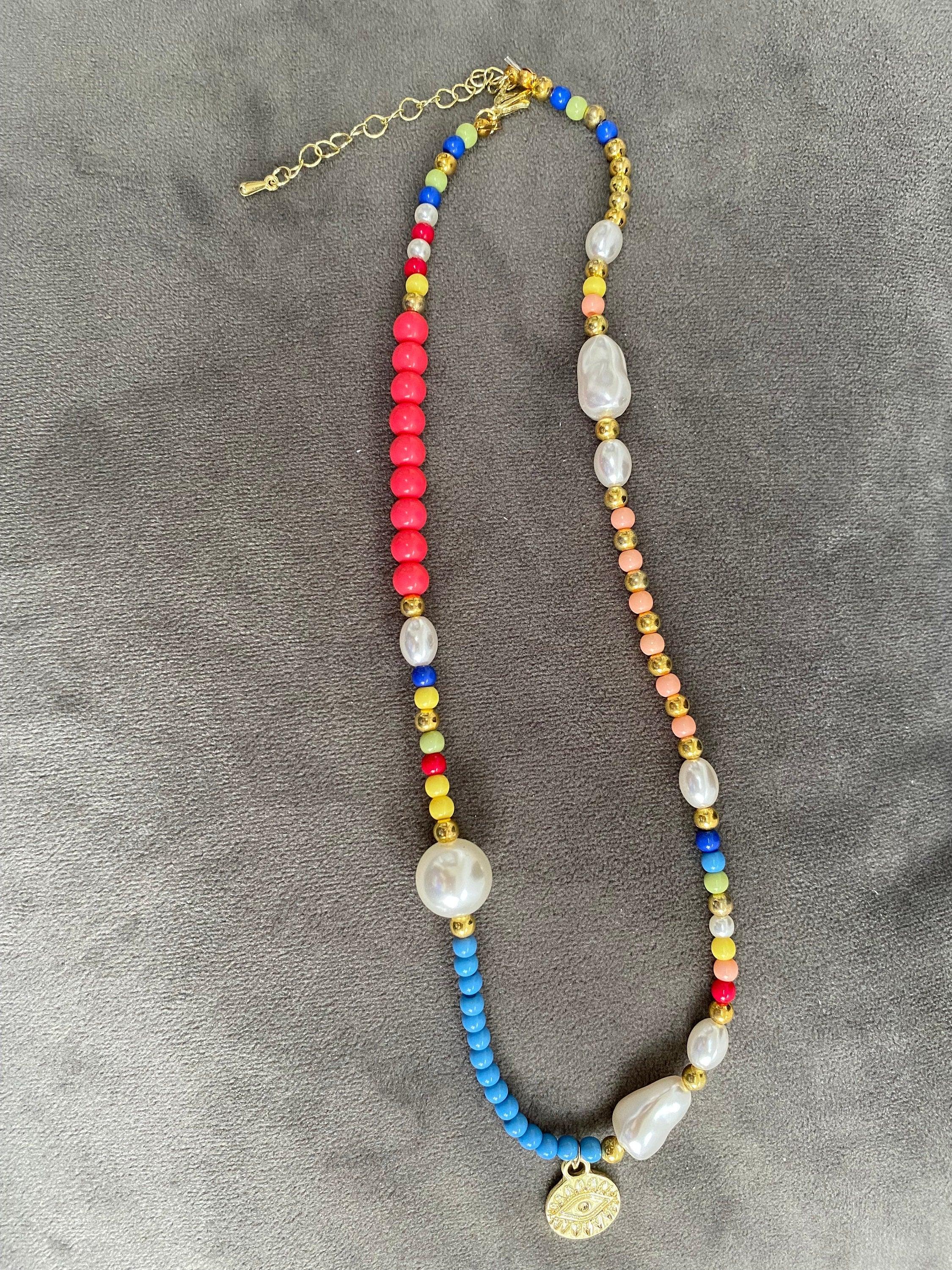 Colourful Summer Evil Eye Pearl Necklace with Multicolour Beaded Choker for Her