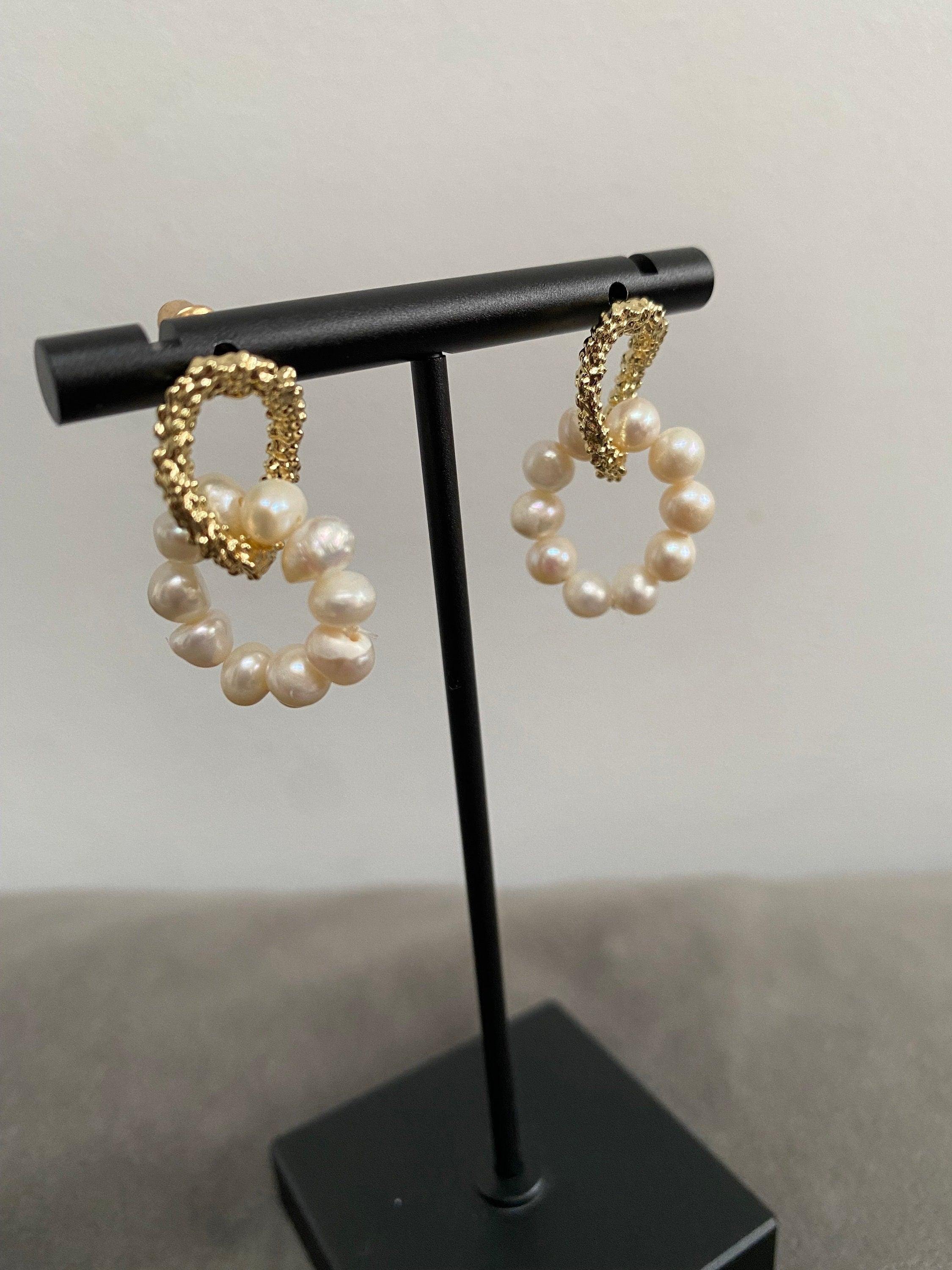 Charming 18K Gold Mini Pearl Hoop Dangle Earrings for Women