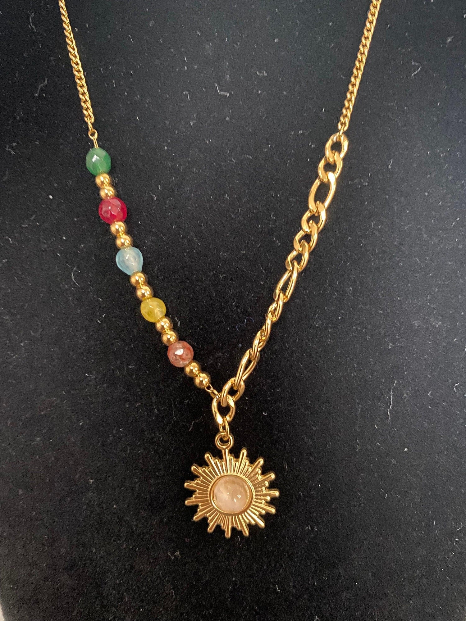 Figaro Chain Opal Stone Beads Sun Necklace, Colourful Mini Nugget Gemstone Sun Necklace for Women, 18K Gold Opal Sun Necklace