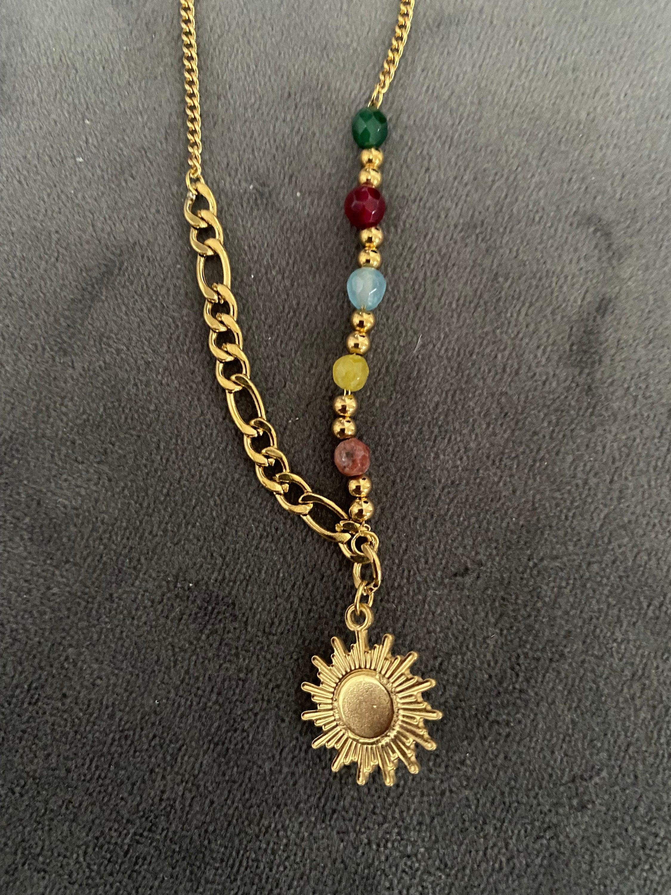 Figaro Chain Opal Stone Beads Sun Necklace, Colourful Mini Nugget Gemstone Sun Necklace for Women, 18K Gold Opal Sun Necklace