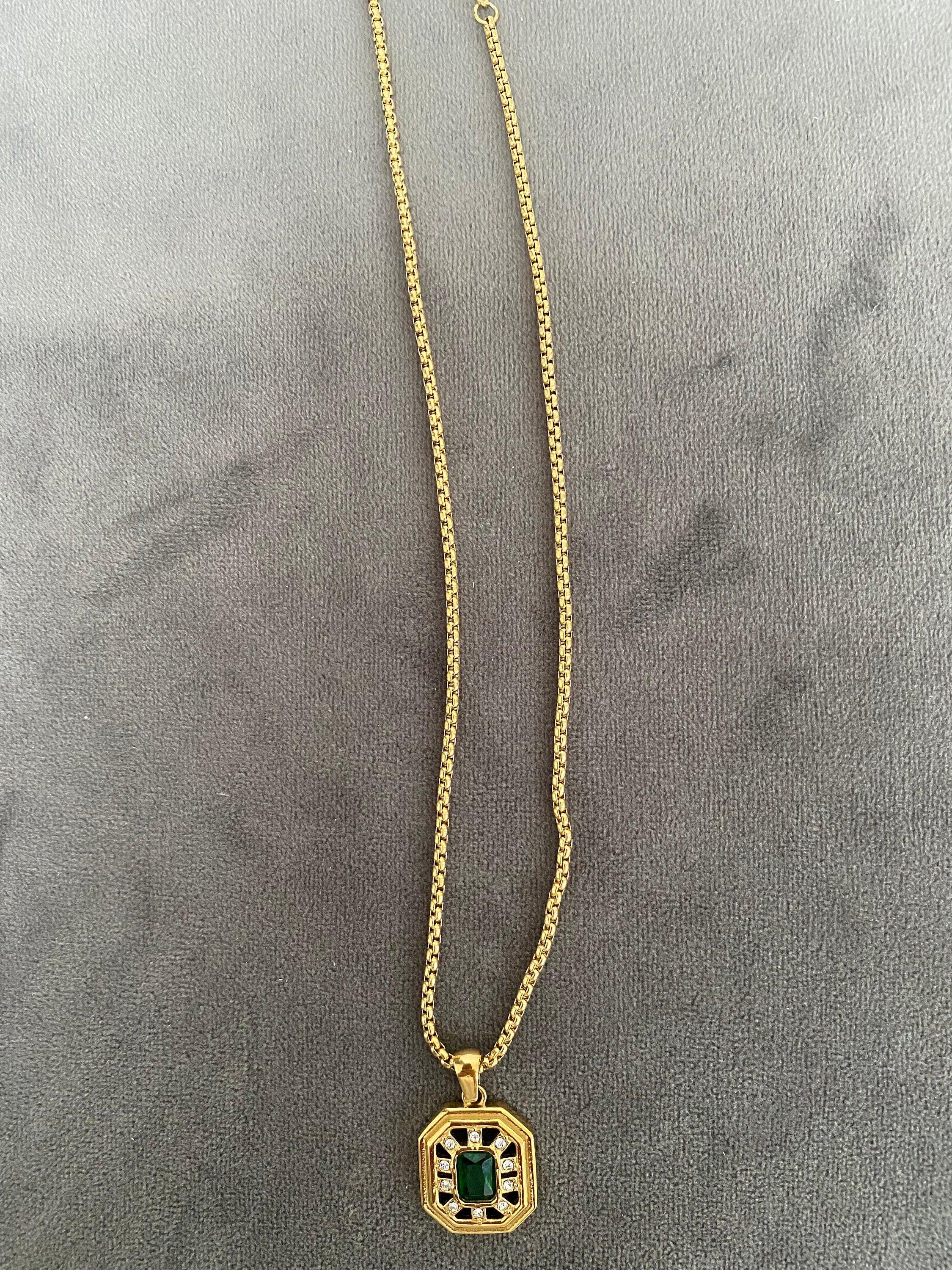 Sparkling Natural Green Zircon Box Chain Necklace, Elegant Gemstone Pendant Necklace for Her, Delicate Gold Necklace. Vintage Style