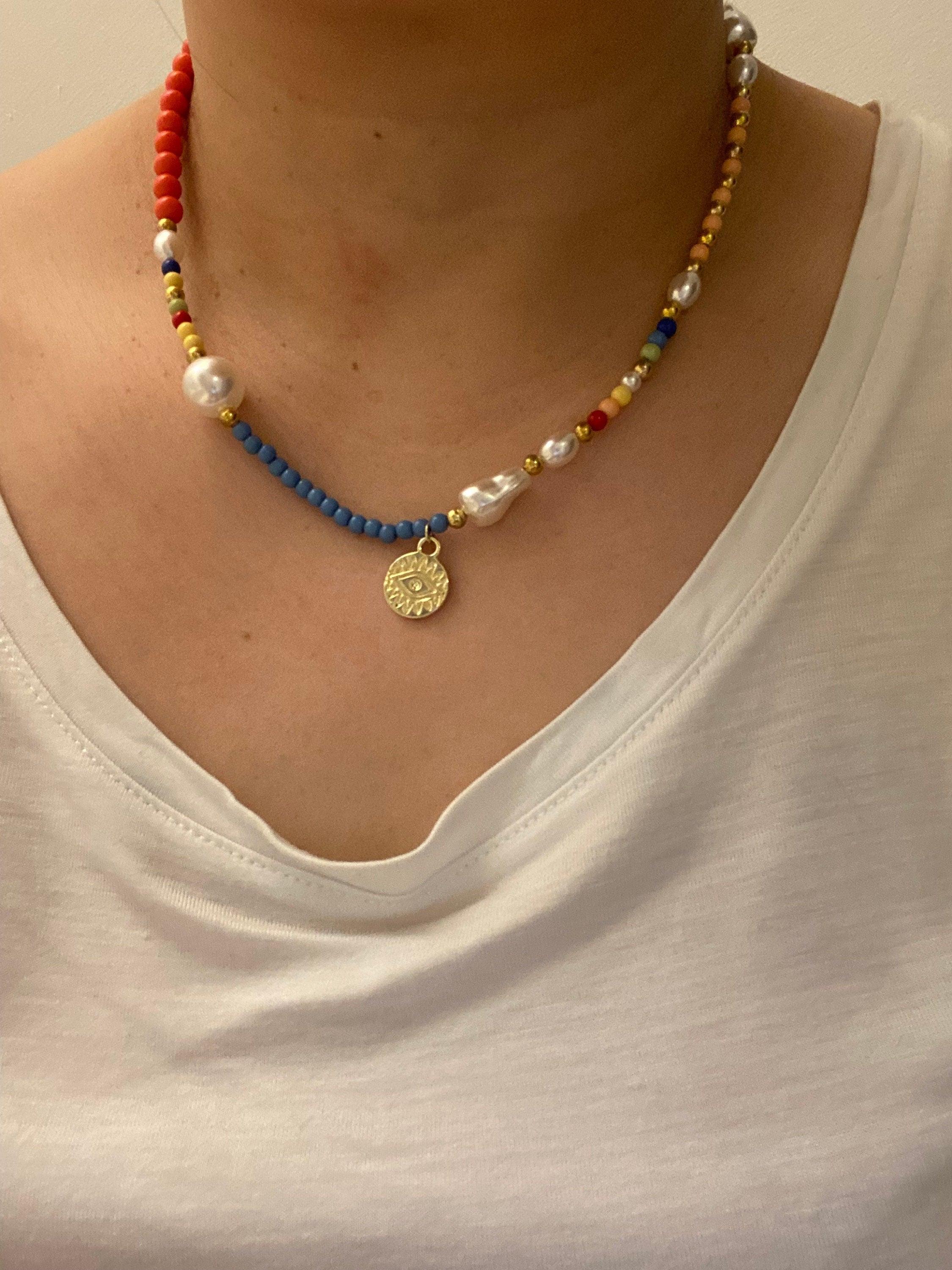 Colourful Summer Evil Eye Pearl Necklace with Multicolour Beaded Choker for Her
