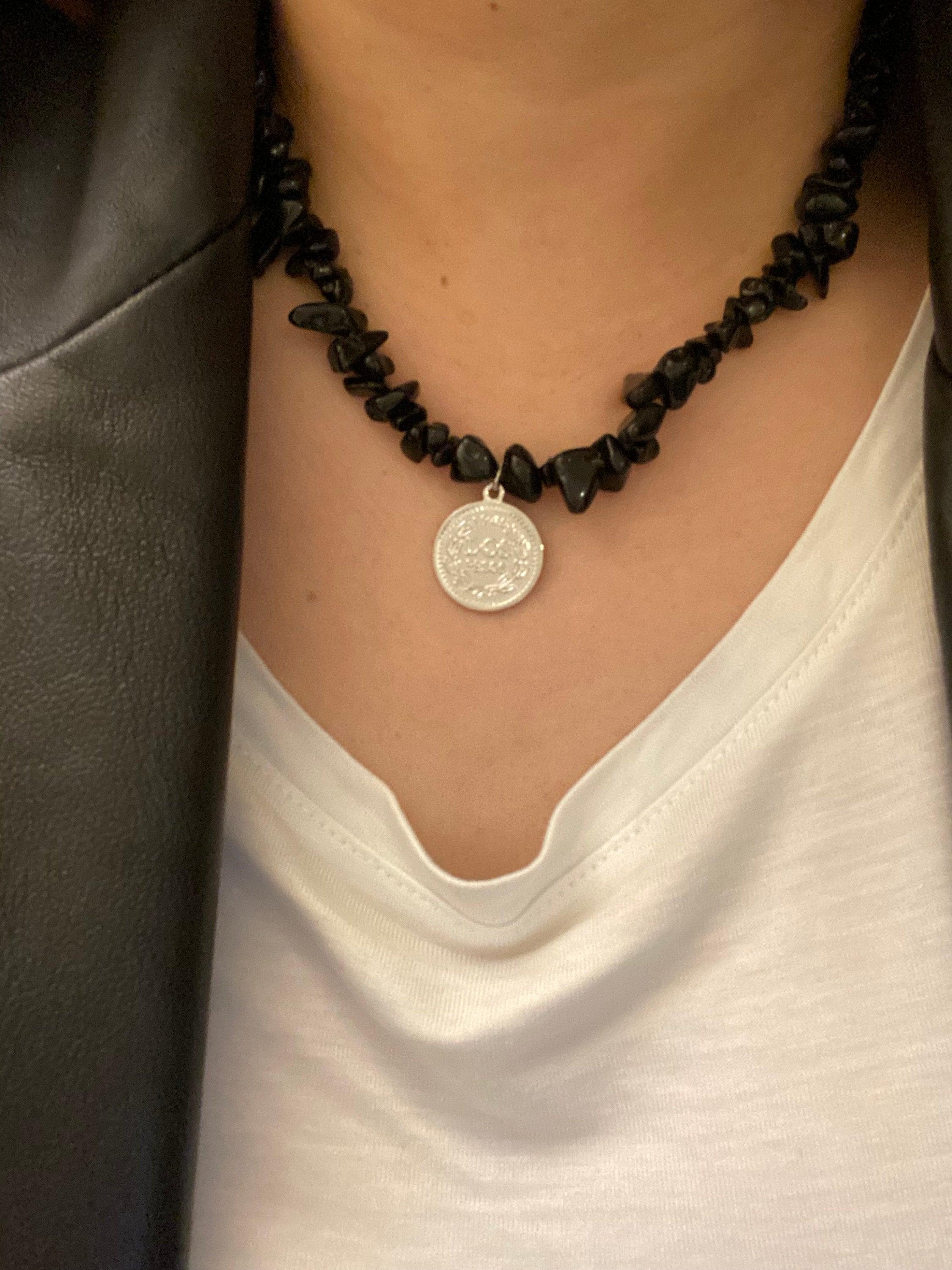 Black Agate Queen Portrait Silver Coin Pendant Necklace for Her - Summer Beach Jewellery