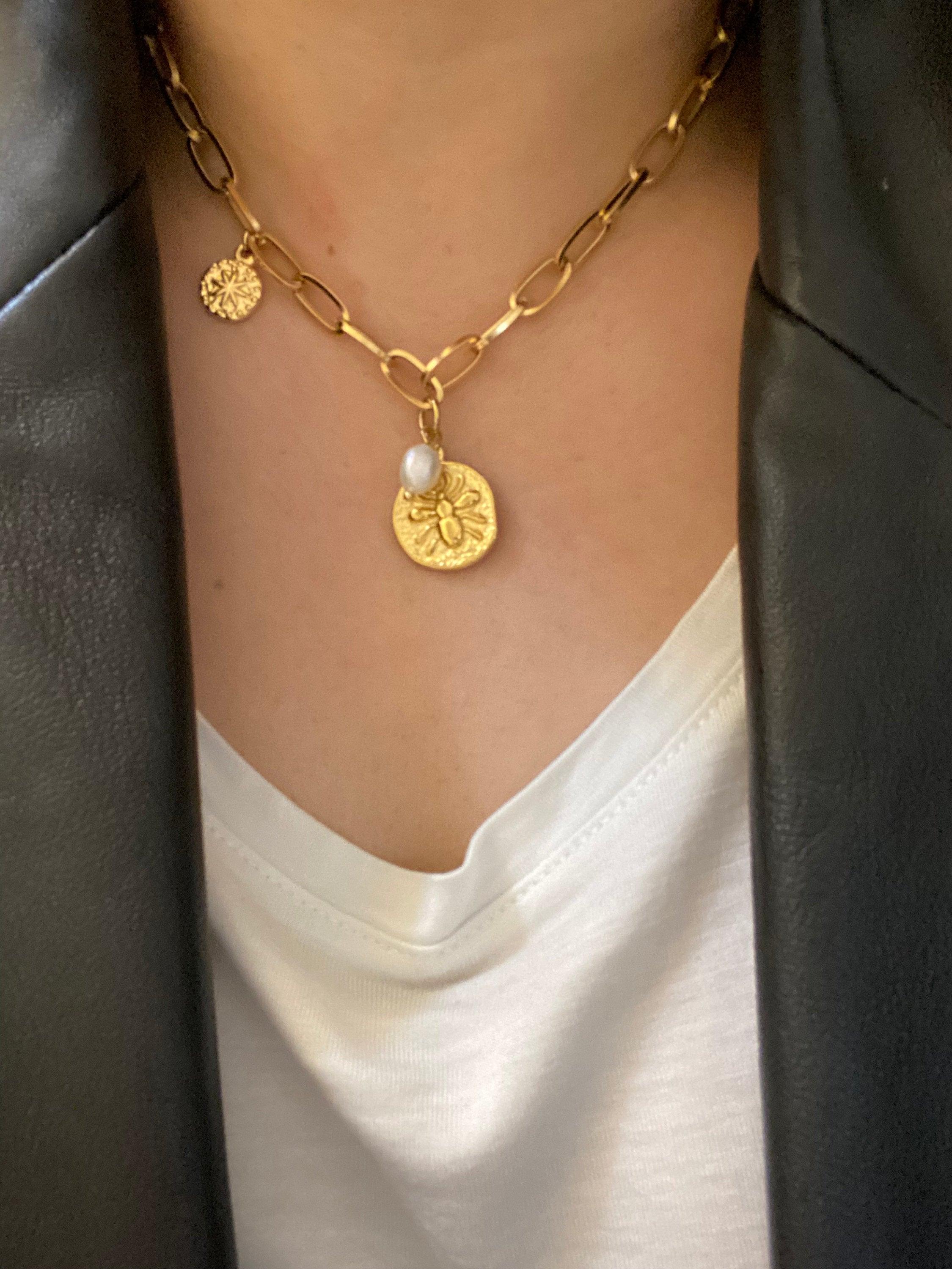 Freshwater Pearl Thick Layer Coin Statement Necklace for Her, Wide Link Chain Pendant Necklace, Modern Greek Coin Pearl Necklace for Women