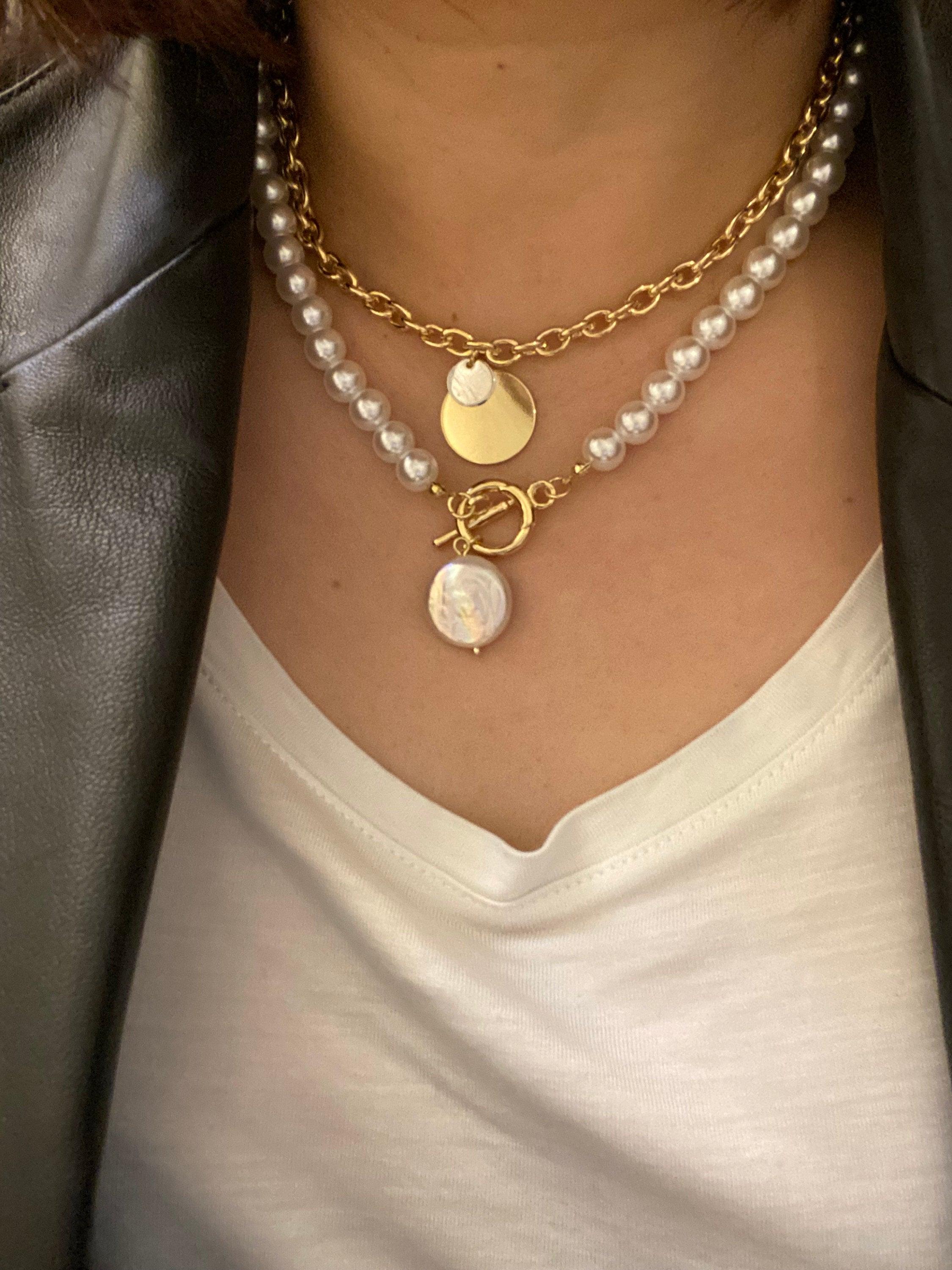 Double Layered Baroque Pearl Necklace with 18k Gold Coin Pendant