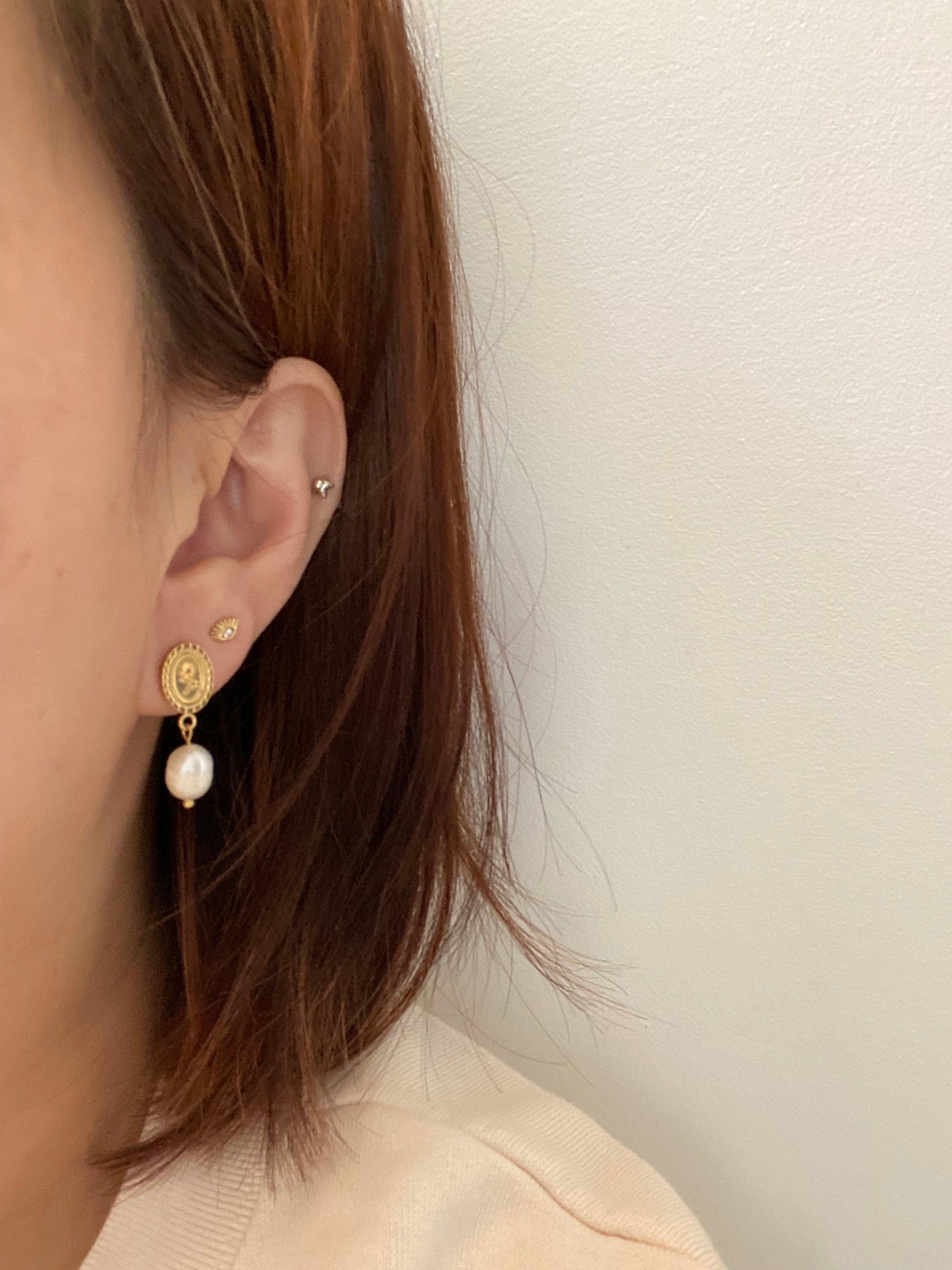 Tiny Coin Design Rose Embossed Freshwater Pearl Earrings for Women, Pendant Coin Design Flower Pearl Earrings, 18K Gold
