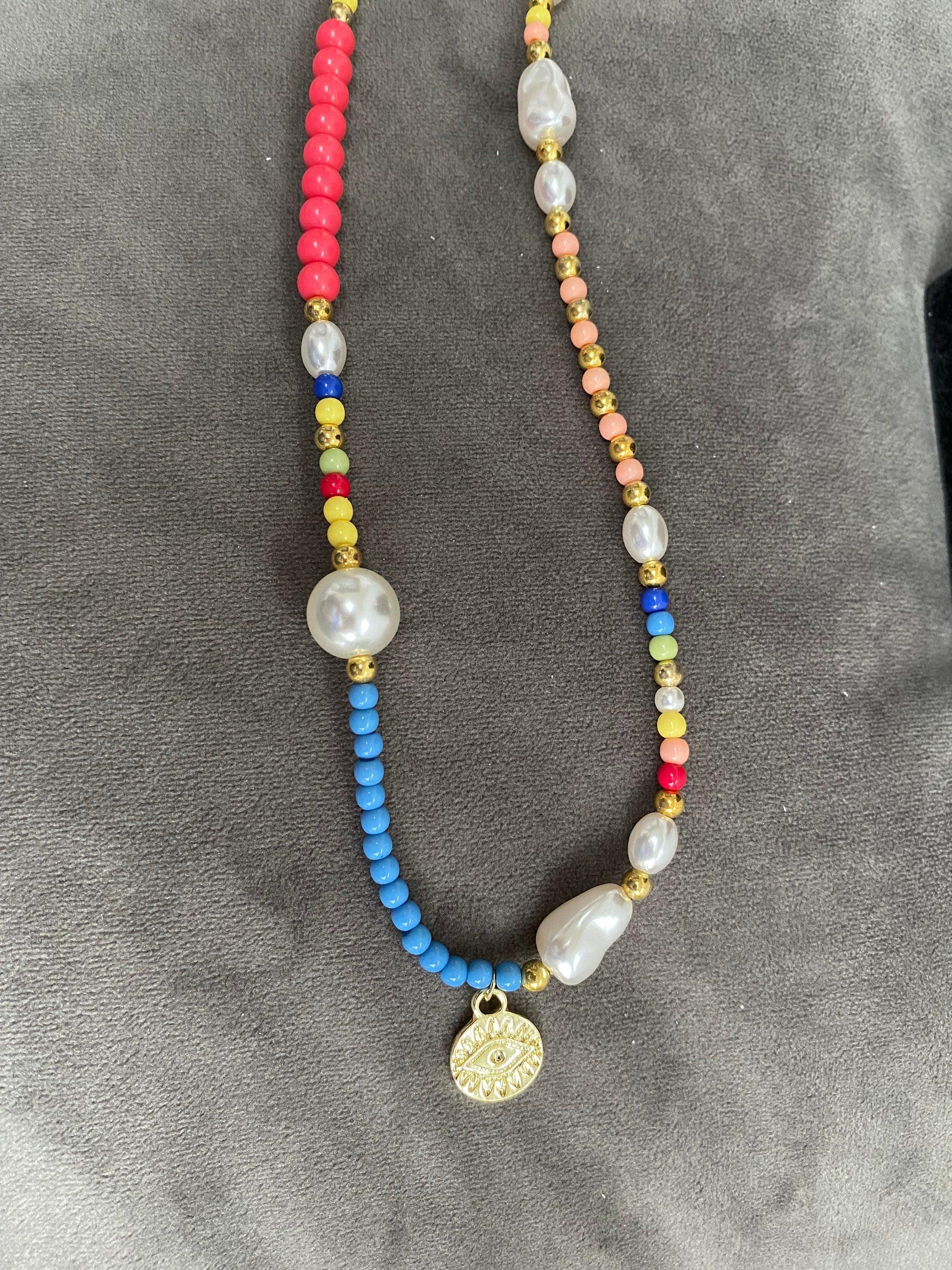 Colourful Summer Evil Eye Pearl Necklace with Multicolour Beaded Choker for Her