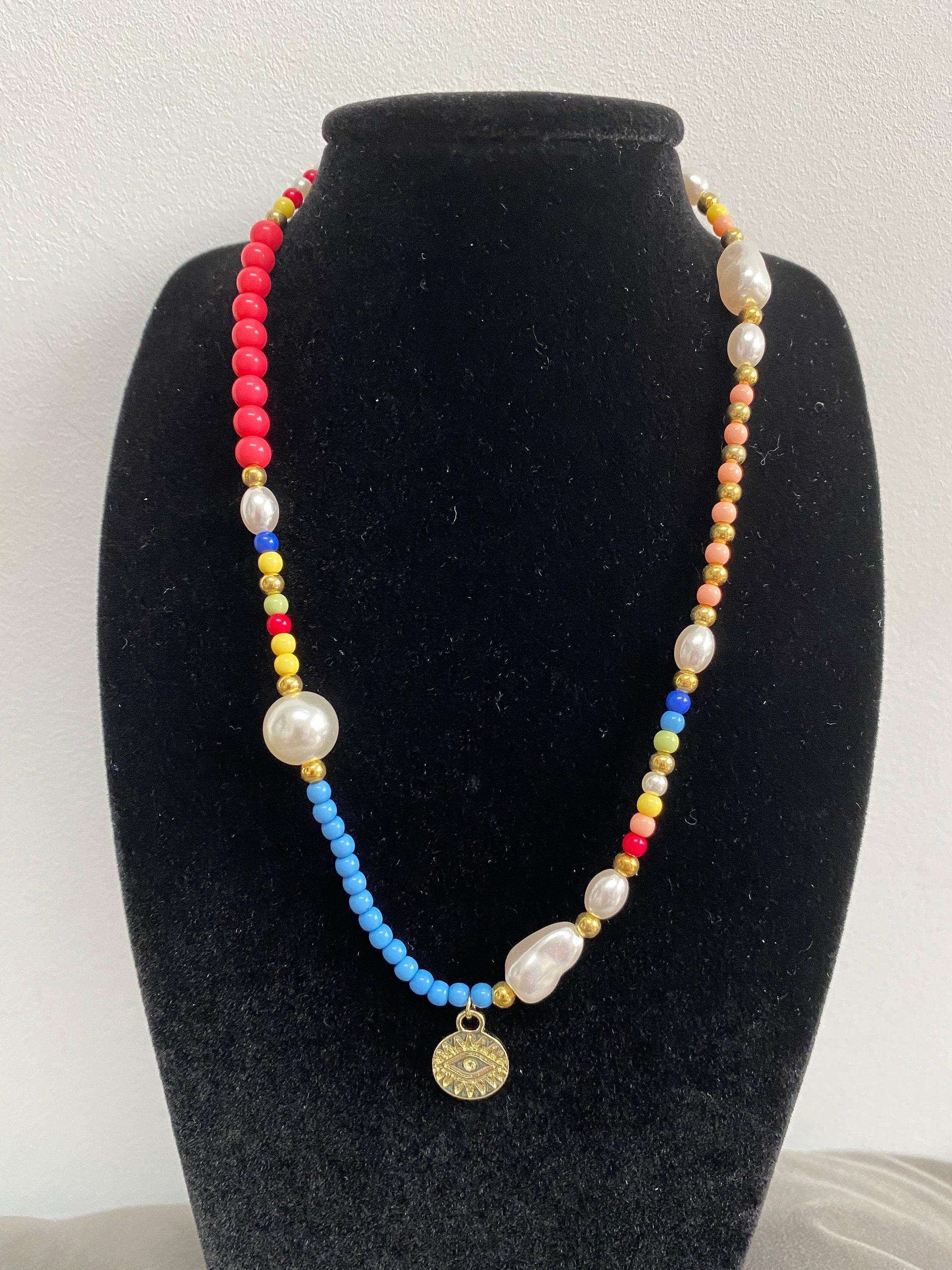 Colourful Summer Evil Eye Pearl Necklace with Multicolour Beaded Choker for Her