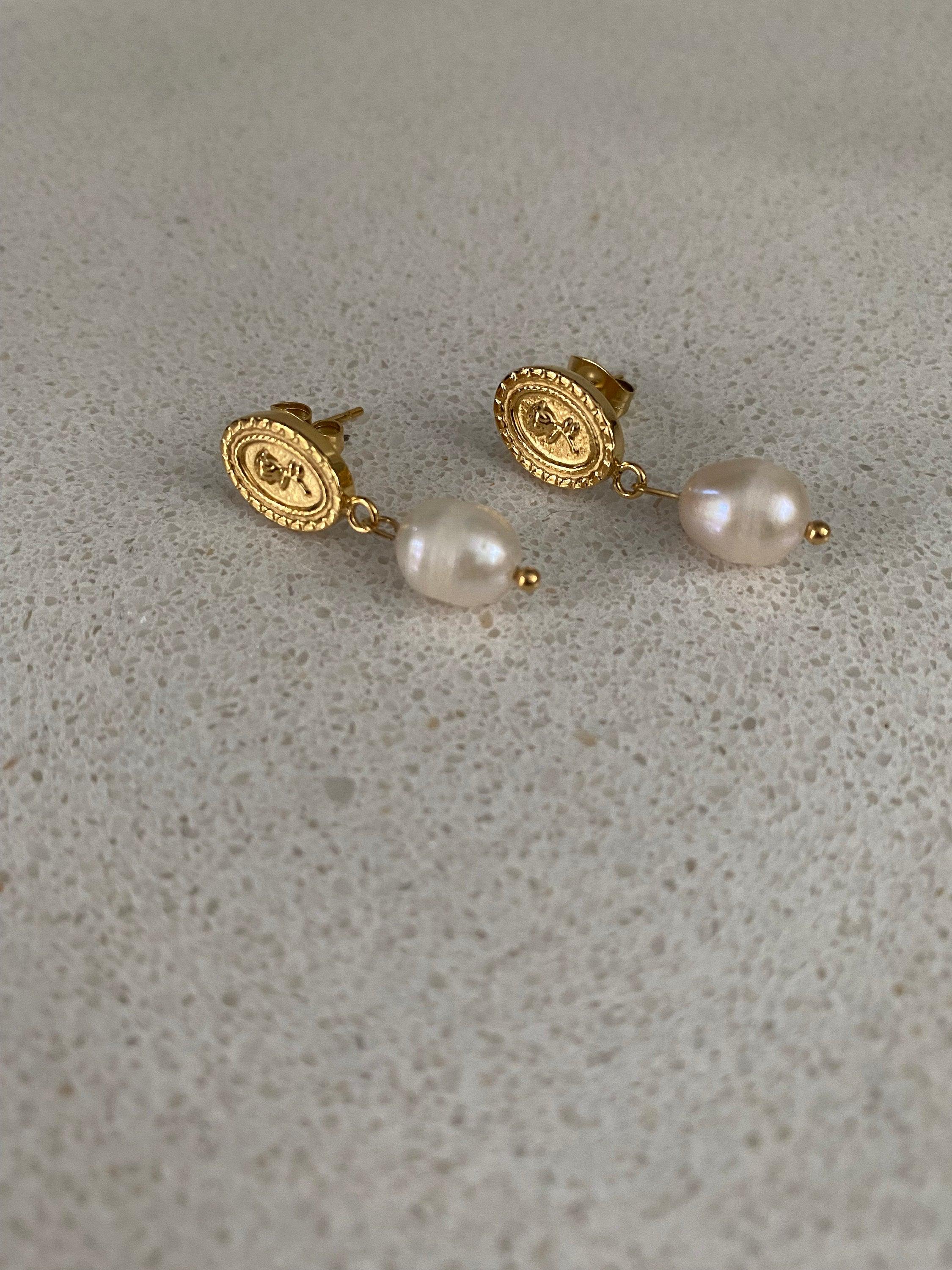 Tiny Coin Design Rose Embossed Freshwater Pearl Earrings for Women, Pendant Coin Design Flower Pearl Earrings, 18K Gold