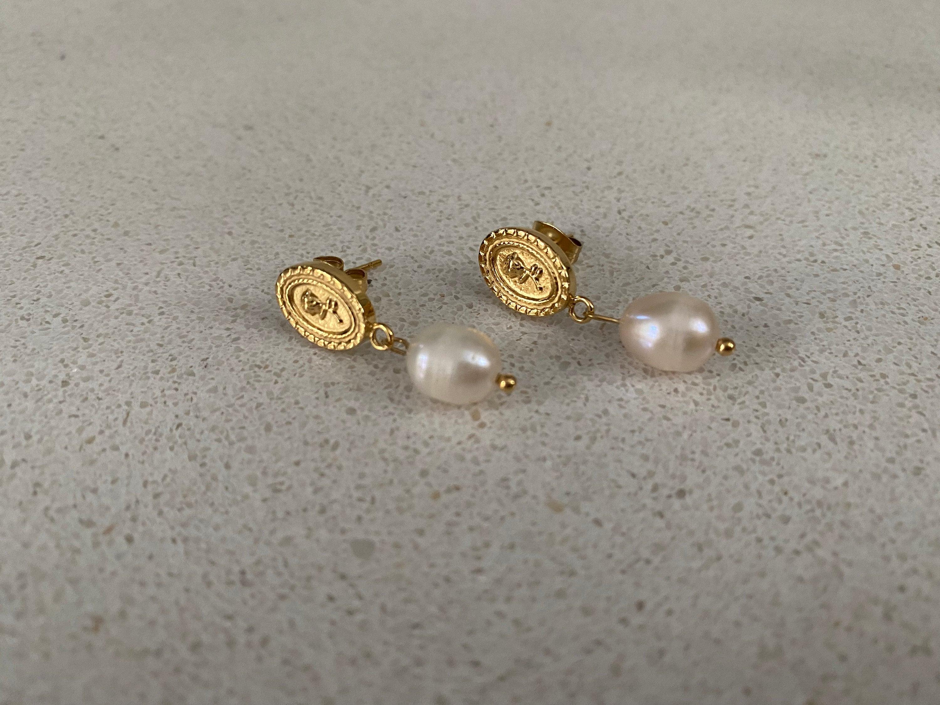 Tiny Coin Design Rose Embossed Freshwater Pearl Earrings for Women, Pendant Coin Design Flower Pearl Earrings, 18K Gold
