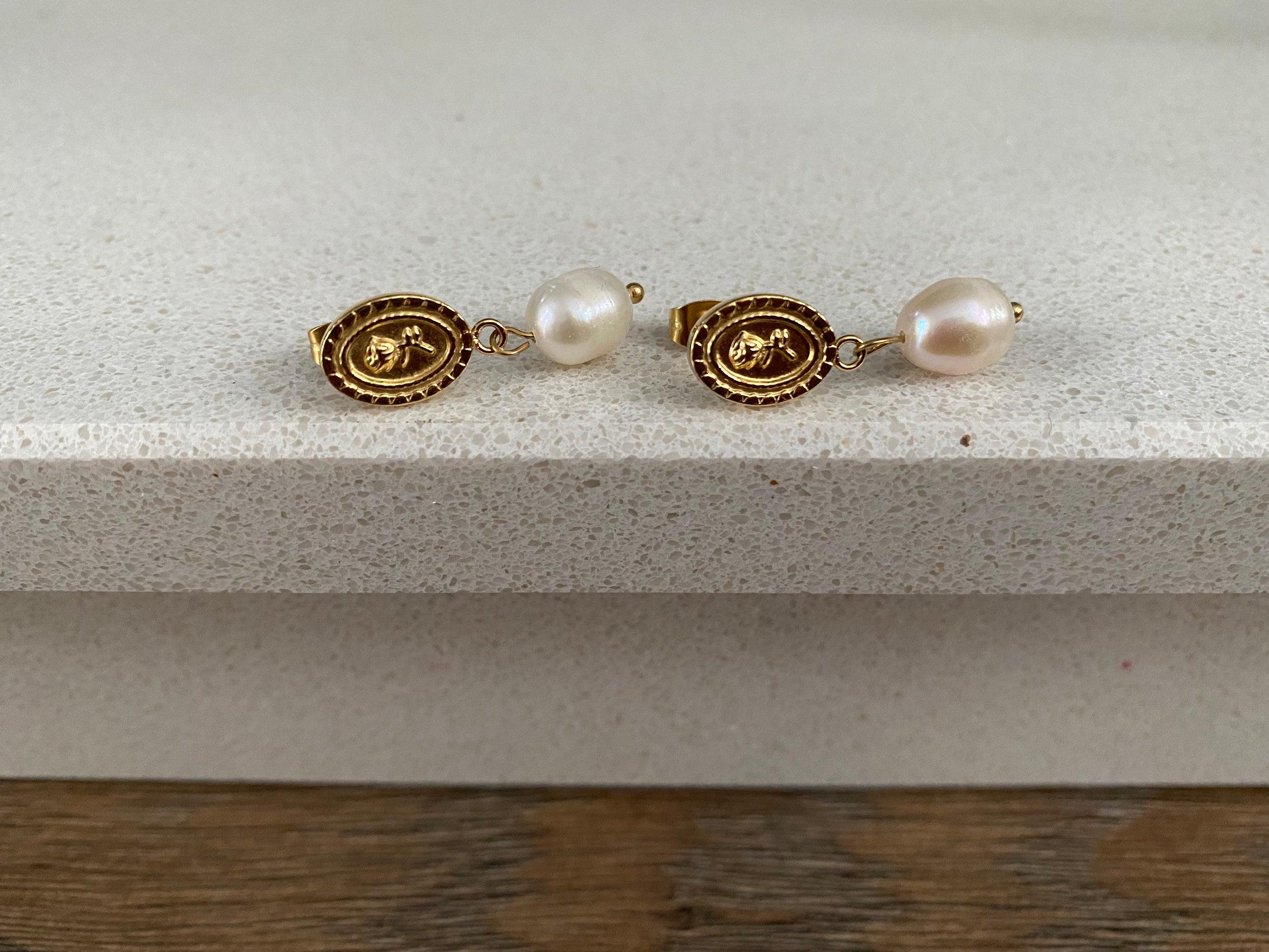 Tiny Coin Design Rose Embossed Freshwater Pearl Earrings for Women, Pendant Coin Design Flower Pearl Earrings, 18K Gold