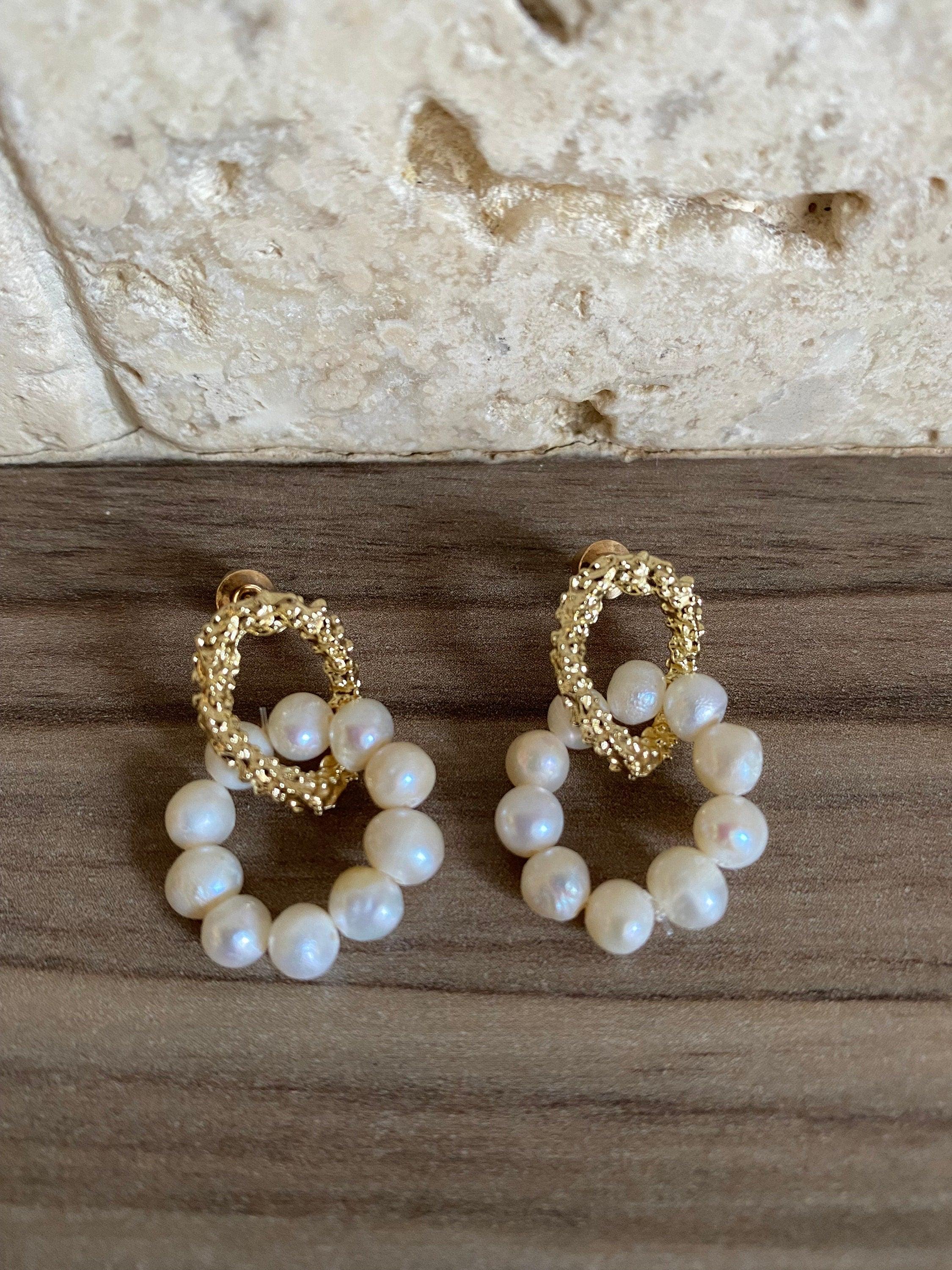 Charming 18K Gold Mini Pearl Hoop Dangle Earrings for Women