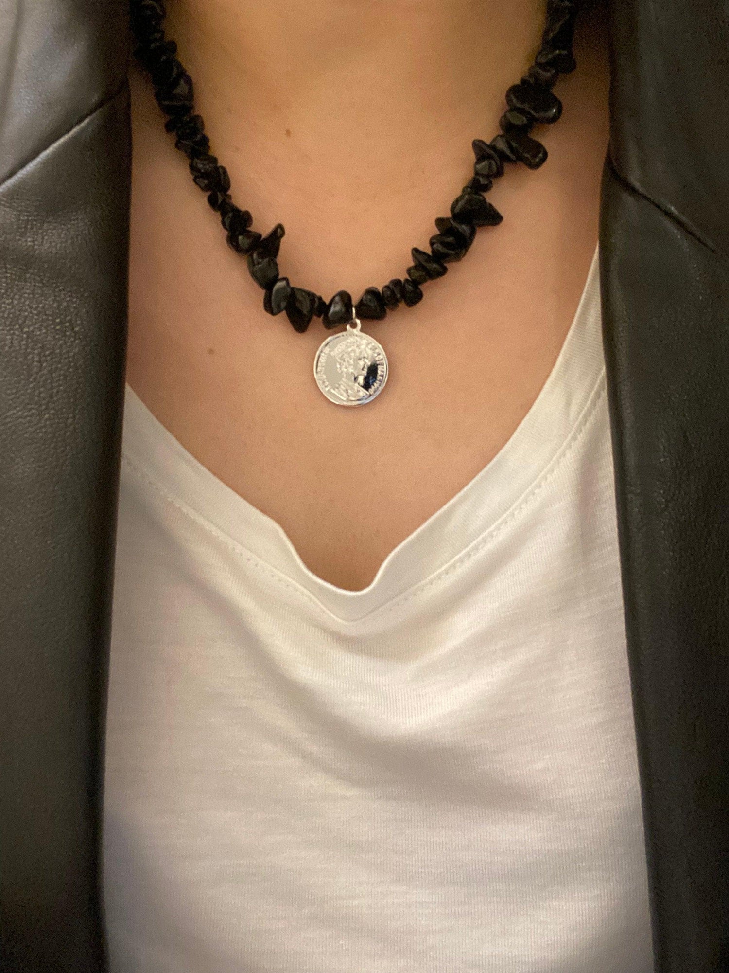 Black Agate Queen Portrait Silver Coin Pendant Necklace for Her - Summer Beach Jewellery