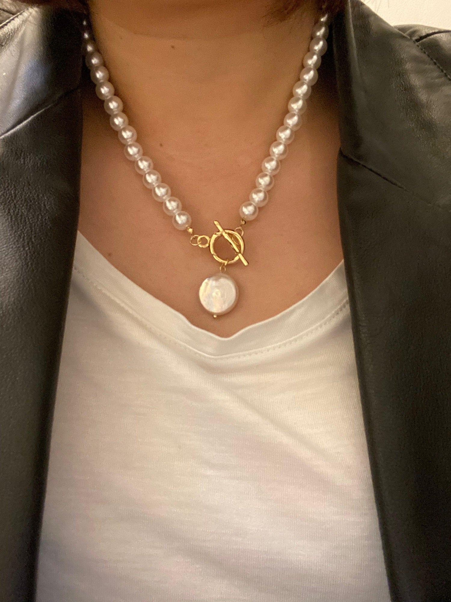 Double Layered Baroque Pearl Necklace with 18k Gold Coin Pendant