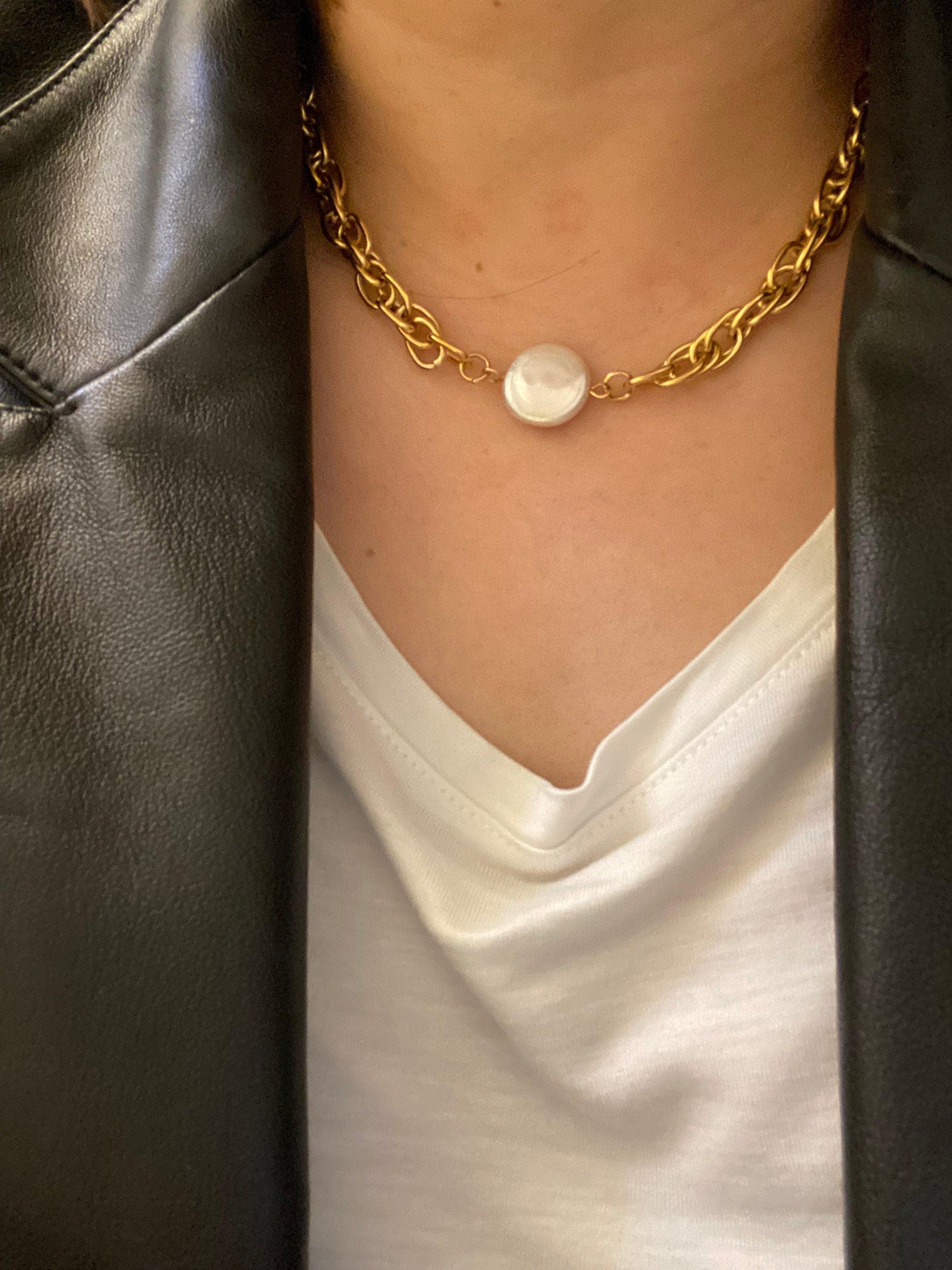 18k Gold Natural Pearl Coin Pendant Necklace, Vintage Style Choker, Gift for Her
