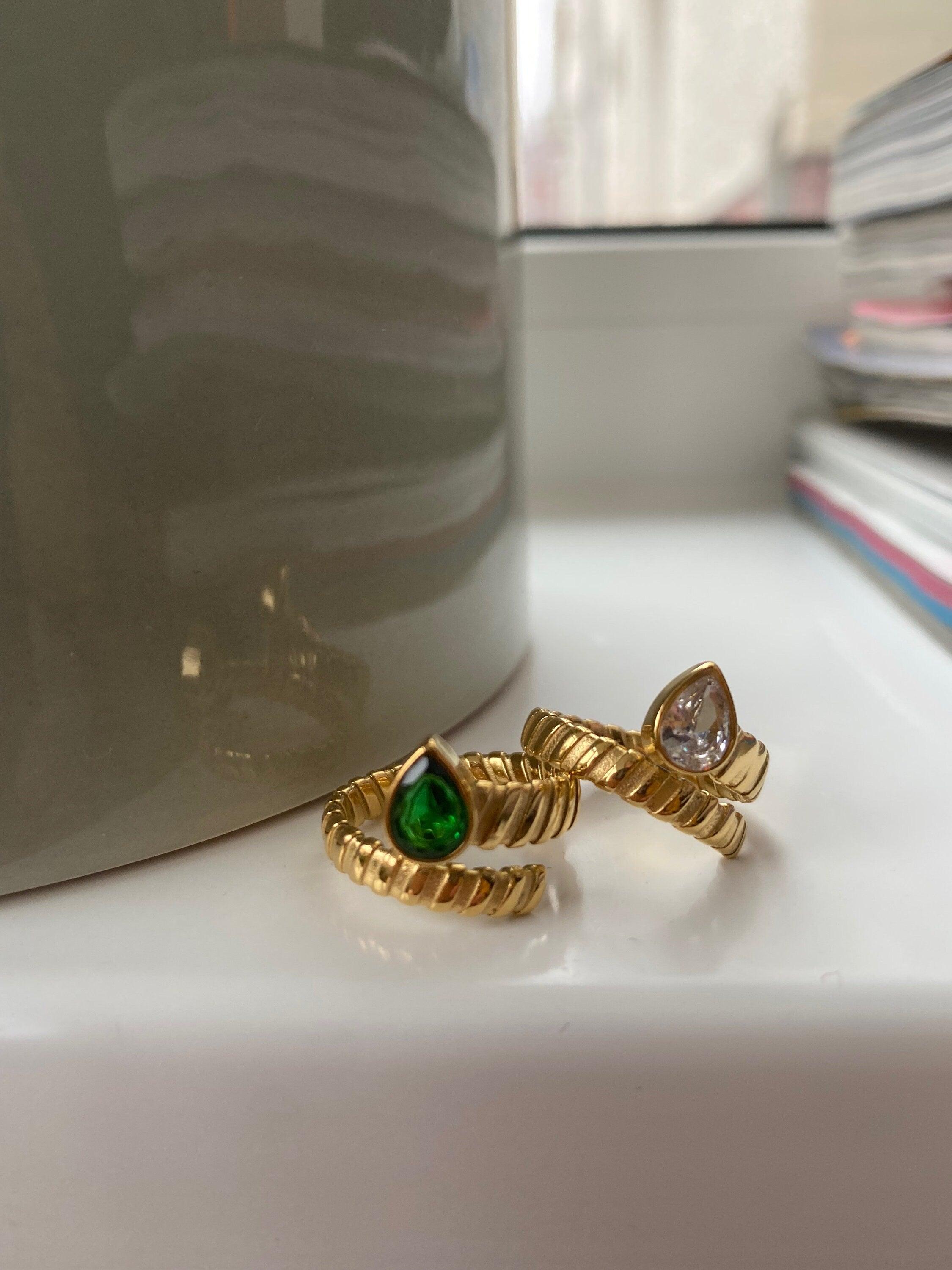 Small Tiny Teardrop Green Zircon Rings for Women, Cubic Adjusted Statement layer Rings, Spiral Twisted White Zircon Open Rings, 18K Gold