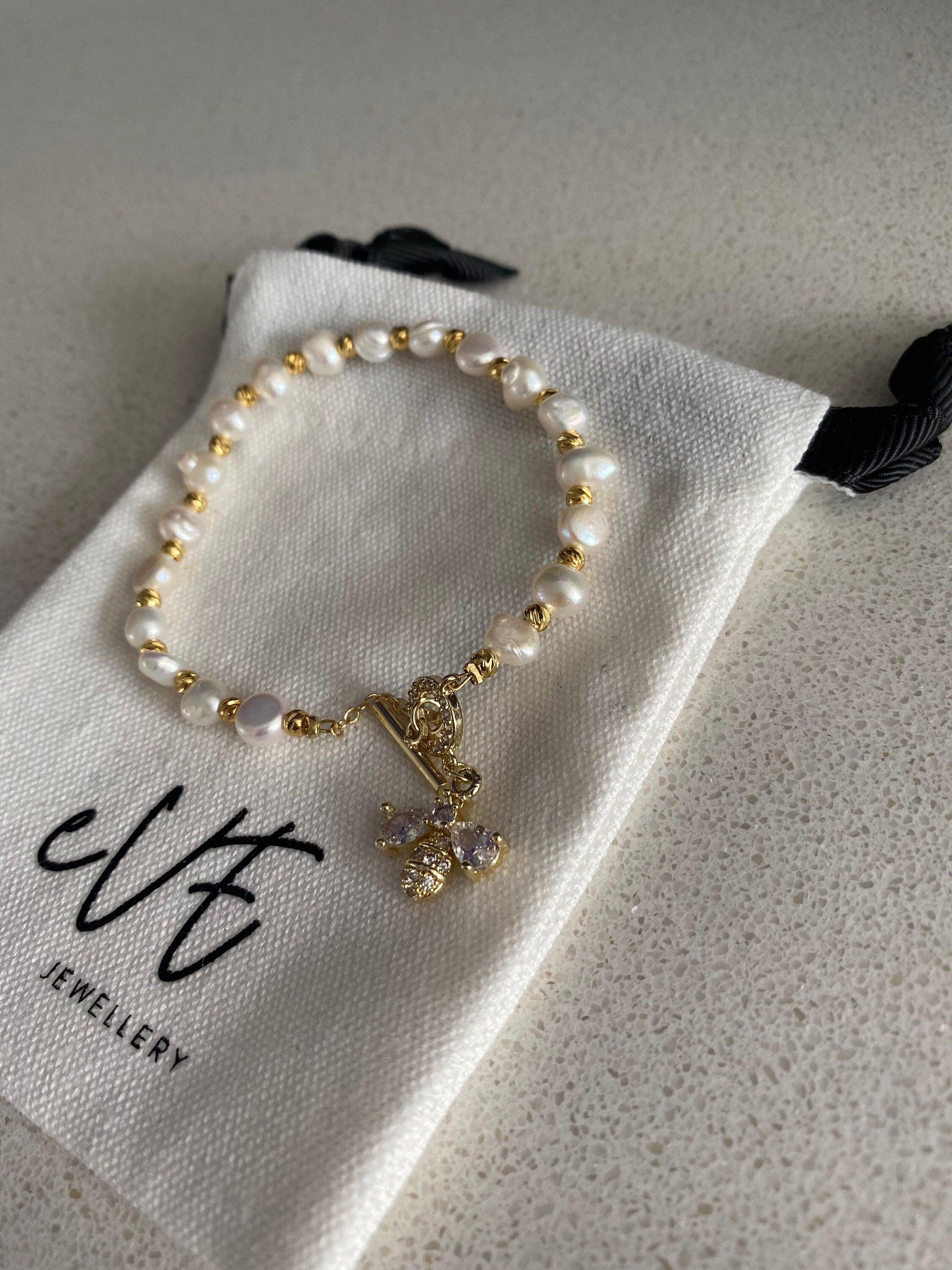 Bright Glitter Bee Bracelet, Zircon Bee Bracelet for Women, Freshwater Pearl Bracelet, Fun & Cute