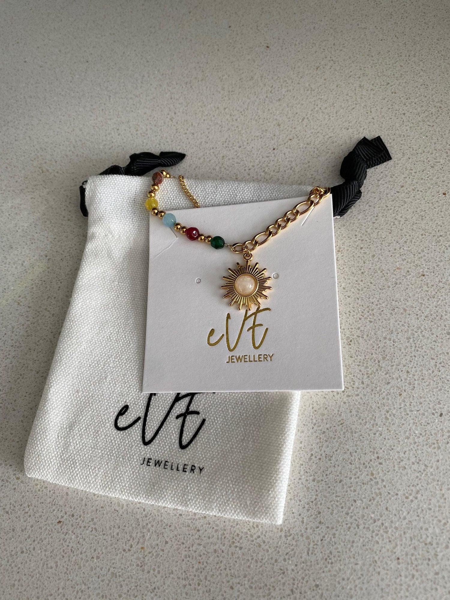 Figaro Chain Opal Stone Beads Sun Necklace, Colourful Mini Nugget Gemstone Sun Necklace for Women, 18K Gold Opal Sun Necklace